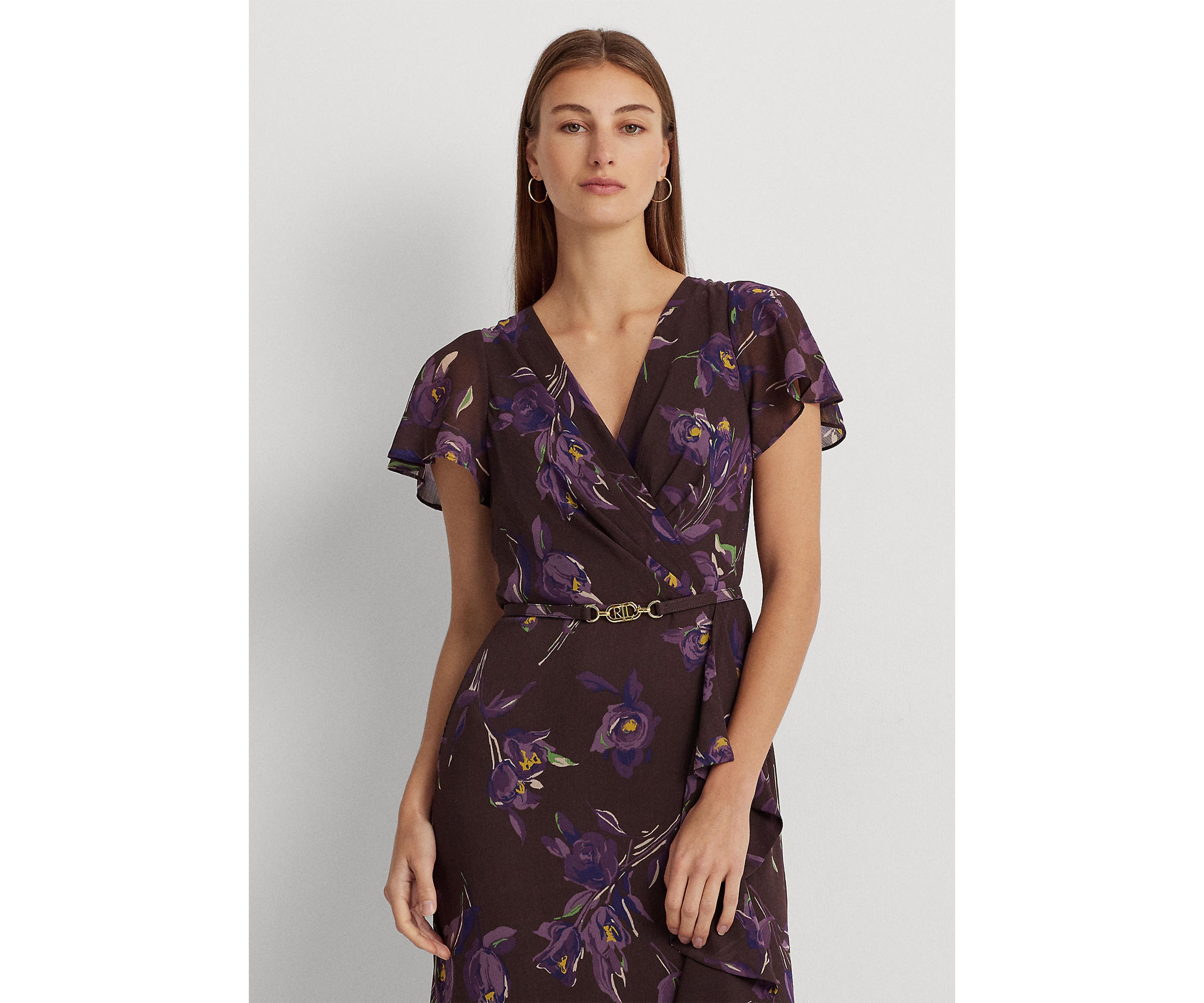 Floral Belted Georgette Flutter Sleeve Gown