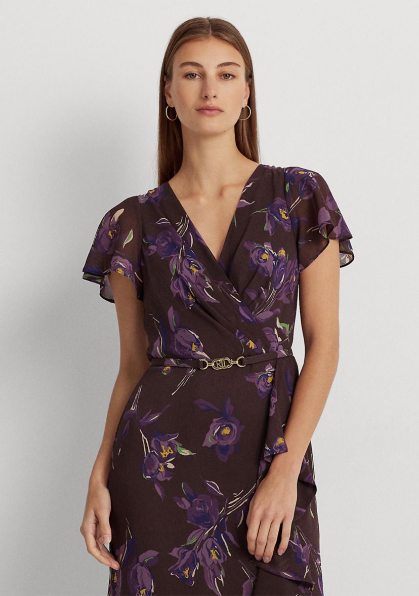 Floral Belted Georgette Flutter Sleeve Gown