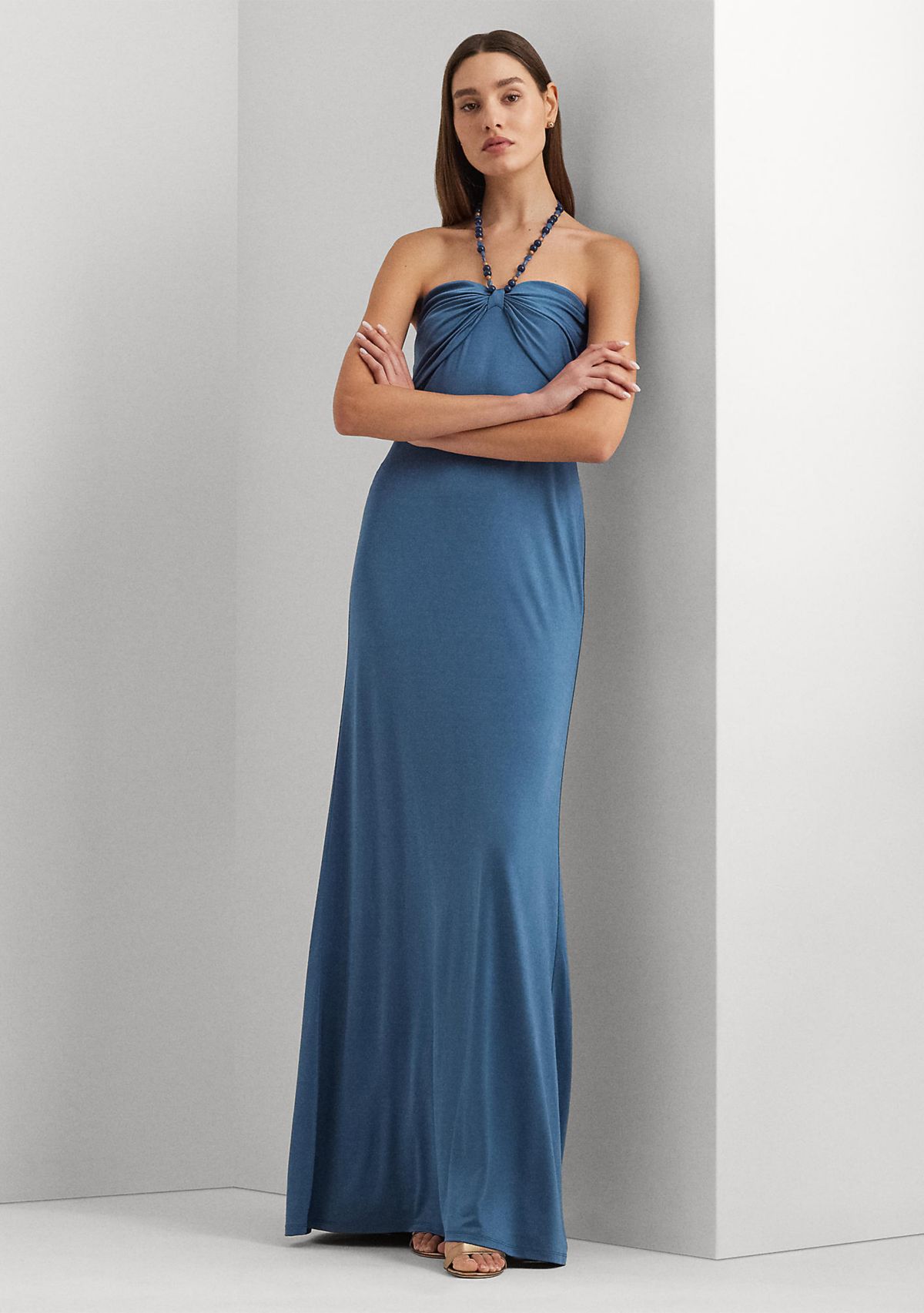Bead-Trim Jersey Halter Gown