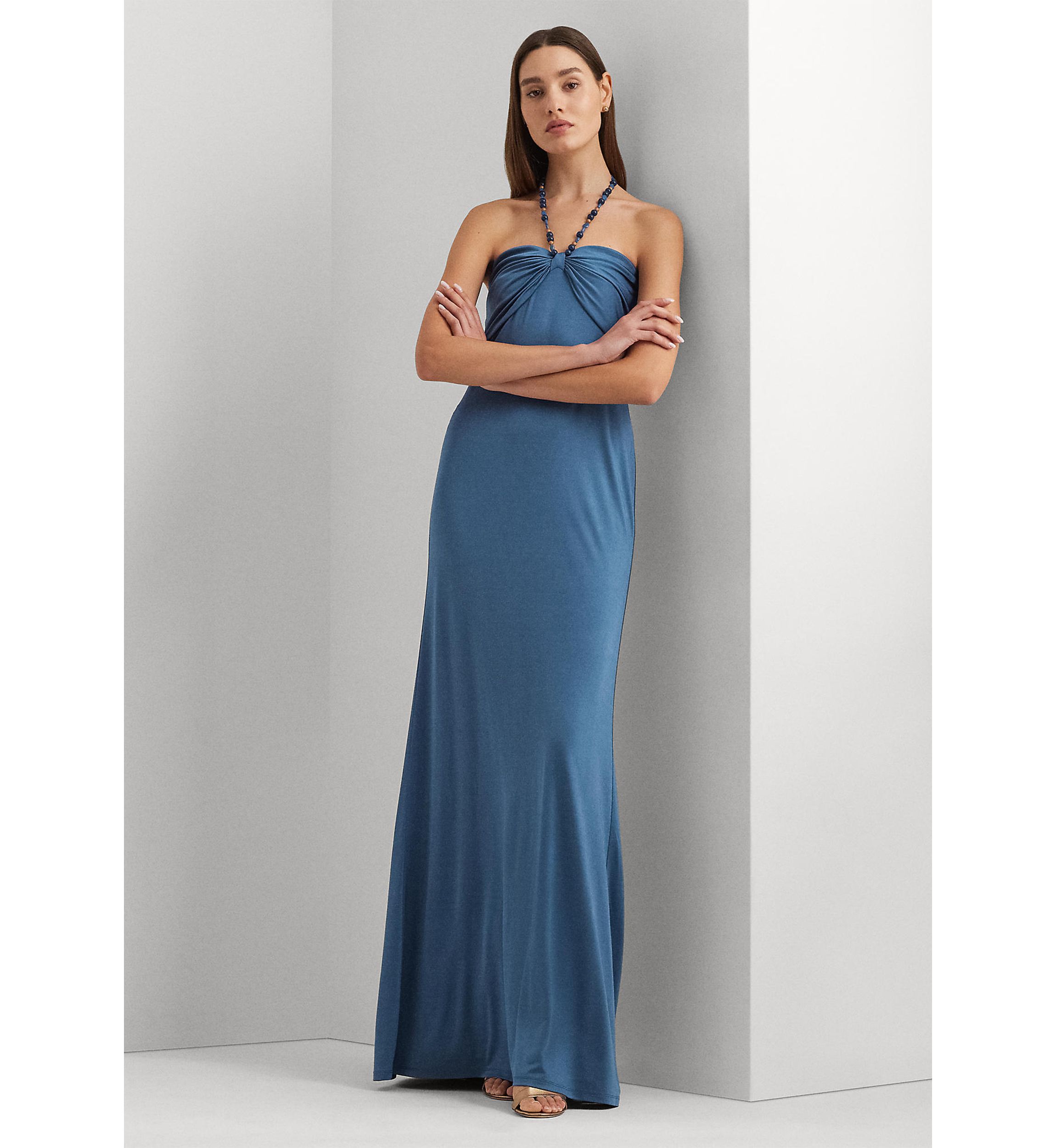 Bead-Trim Jersey Halter Gown