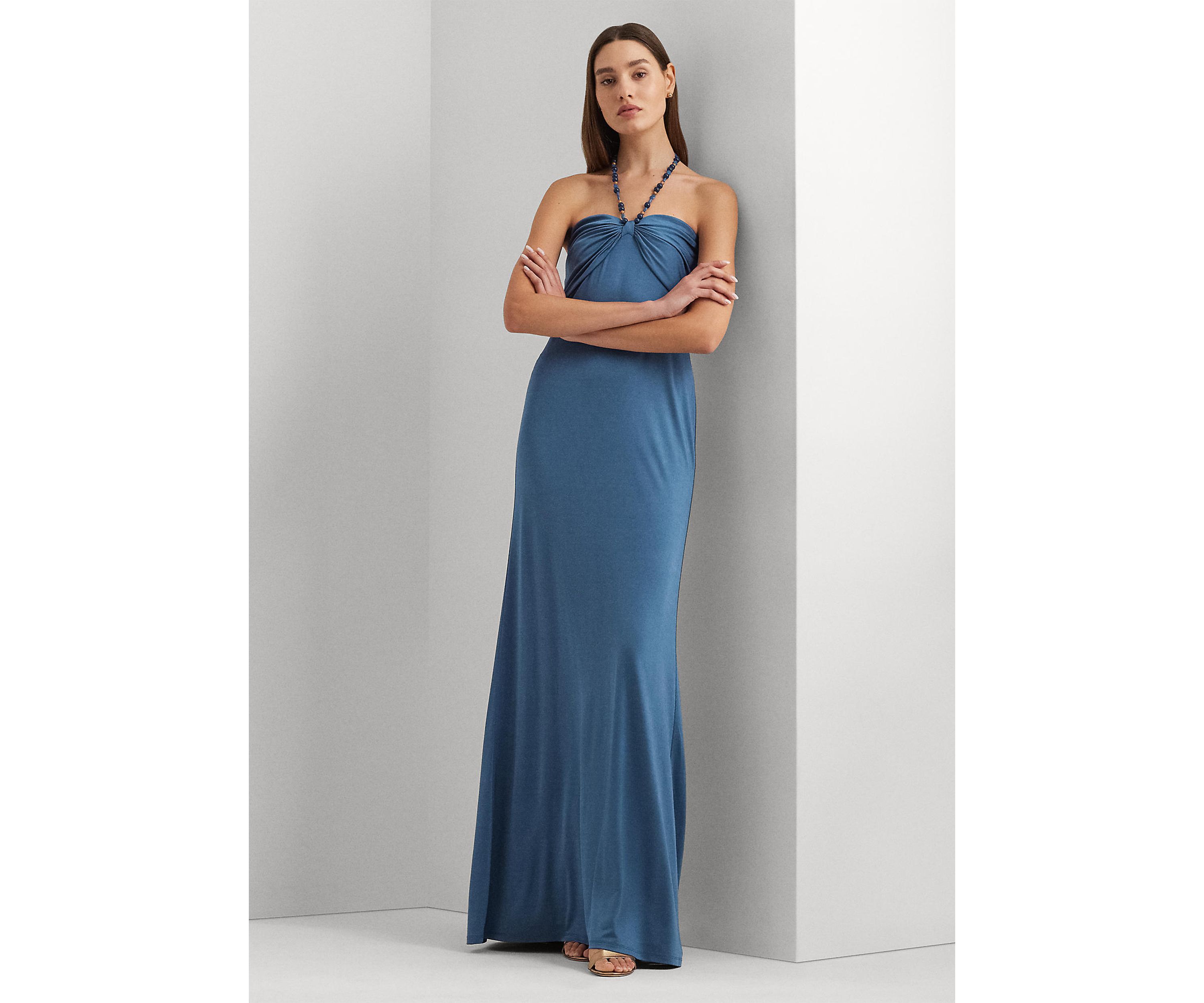 Bead-Trim Jersey Halter Gown