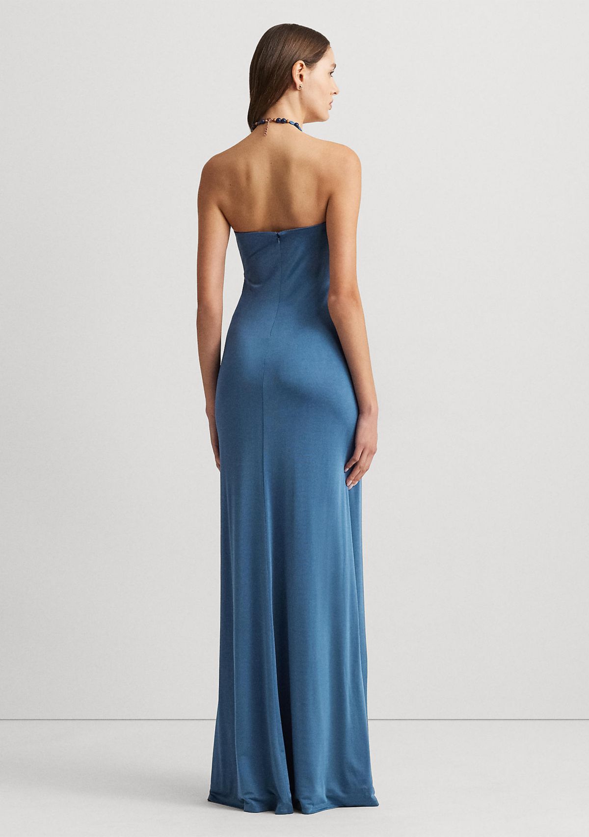 Bead-Trim Jersey Halter Gown