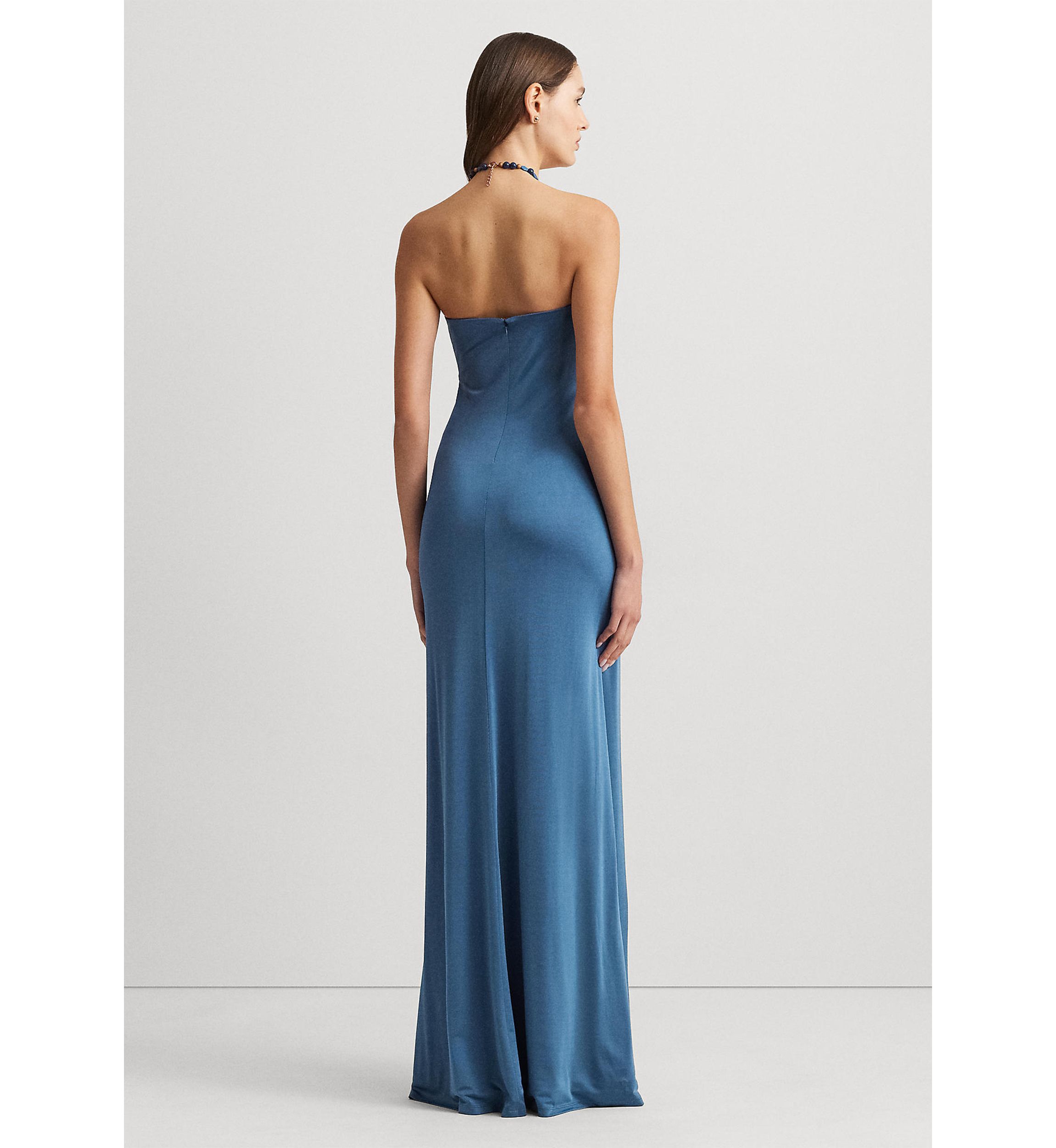 Bead-Trim Jersey Halter Gown
