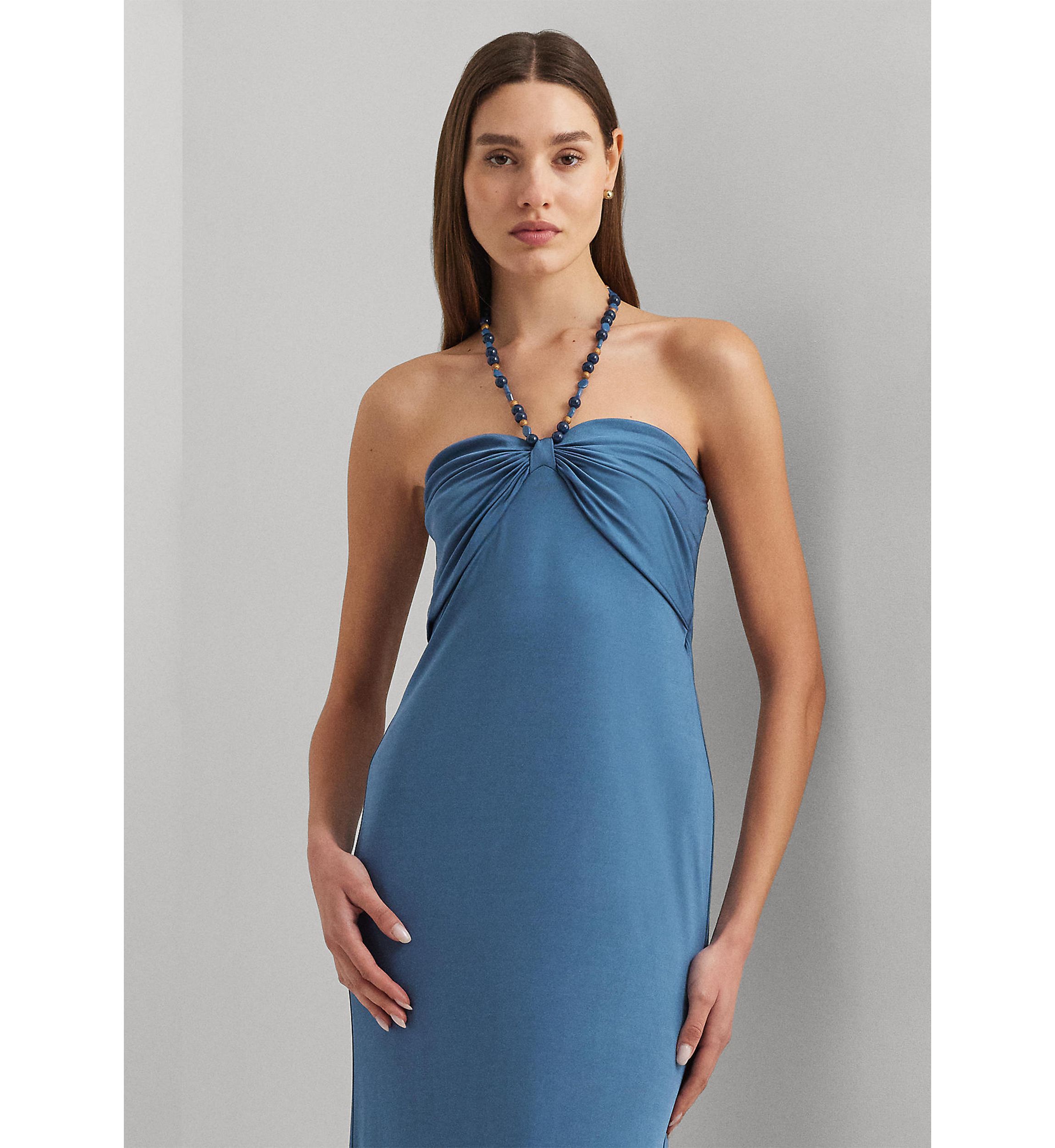 Bead-Trim Jersey Halter Gown