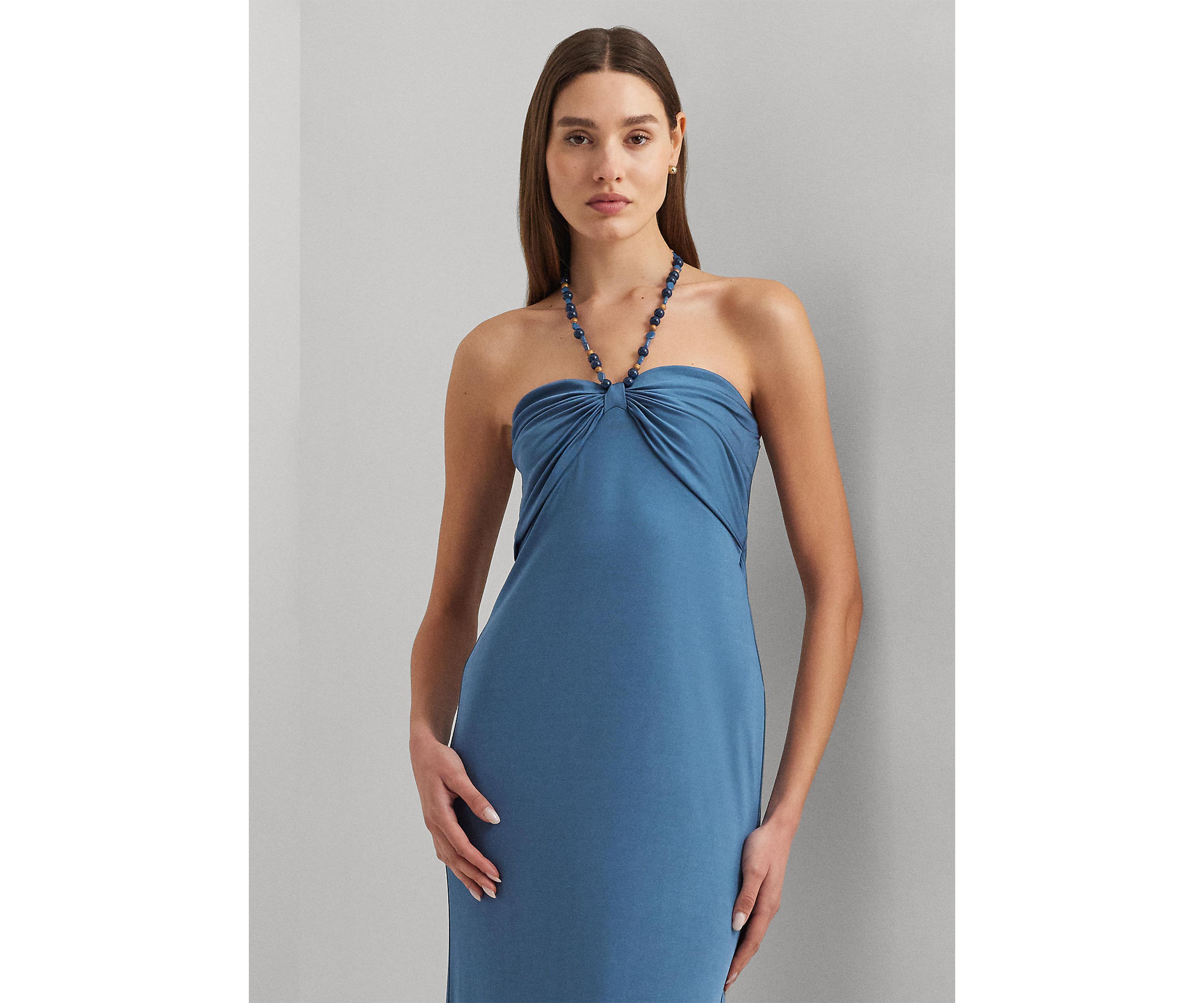 Bead-Trim Jersey Halter Gown