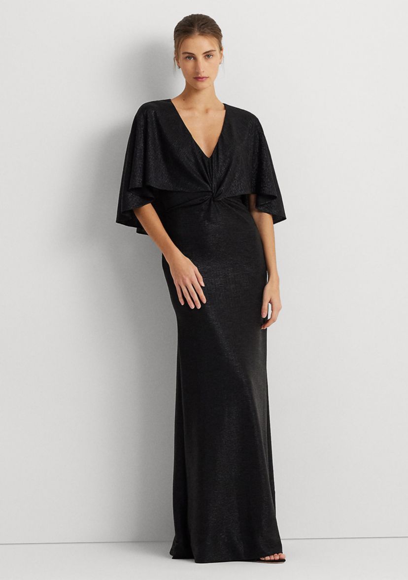 Womens Metallic Knit Twist-Front Cape Gown