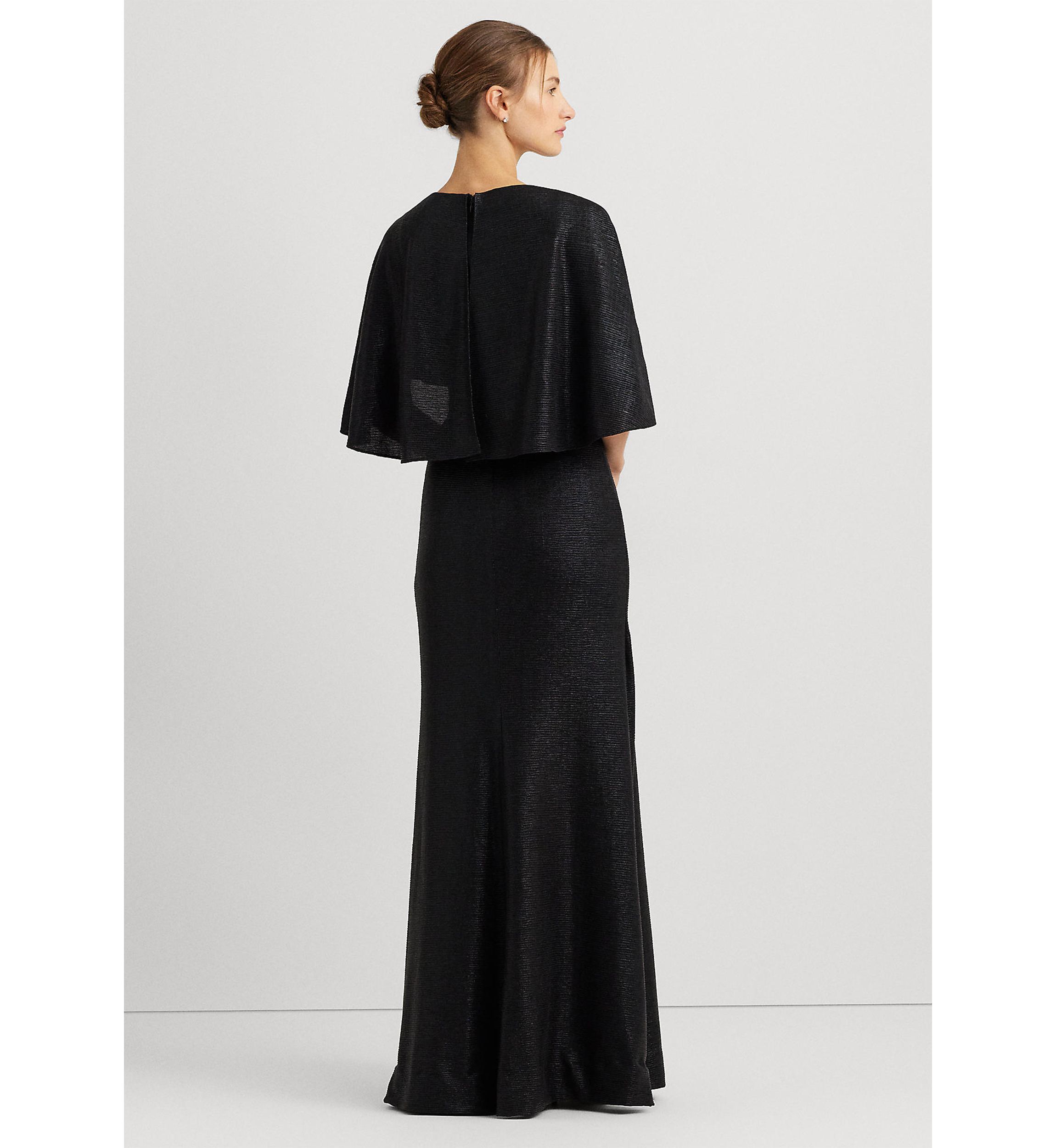 Womens Metallic Knit Twist-Front Cape Gown