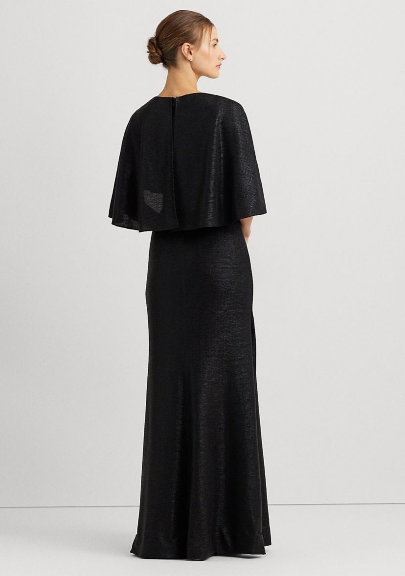 Womens Metallic Knit Twist-Front Cape Gown