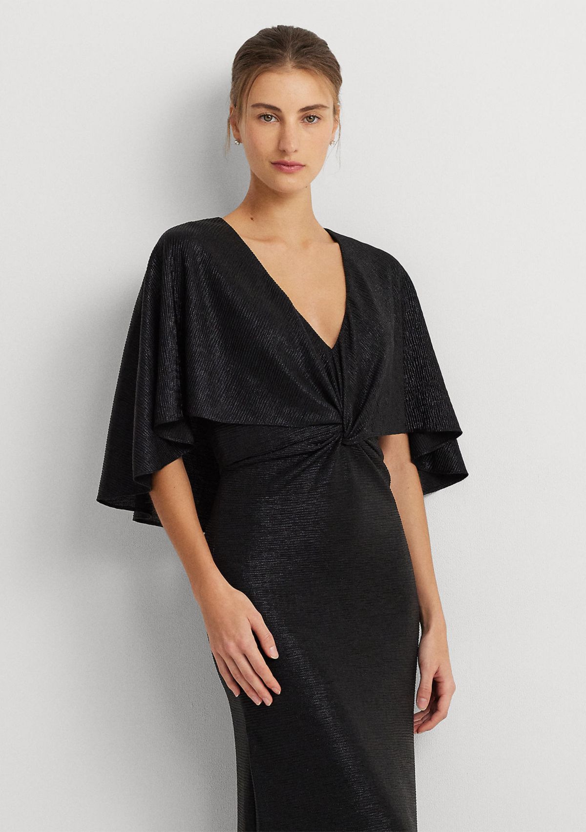 Womens Metallic Knit Twist-Front Cape Gown