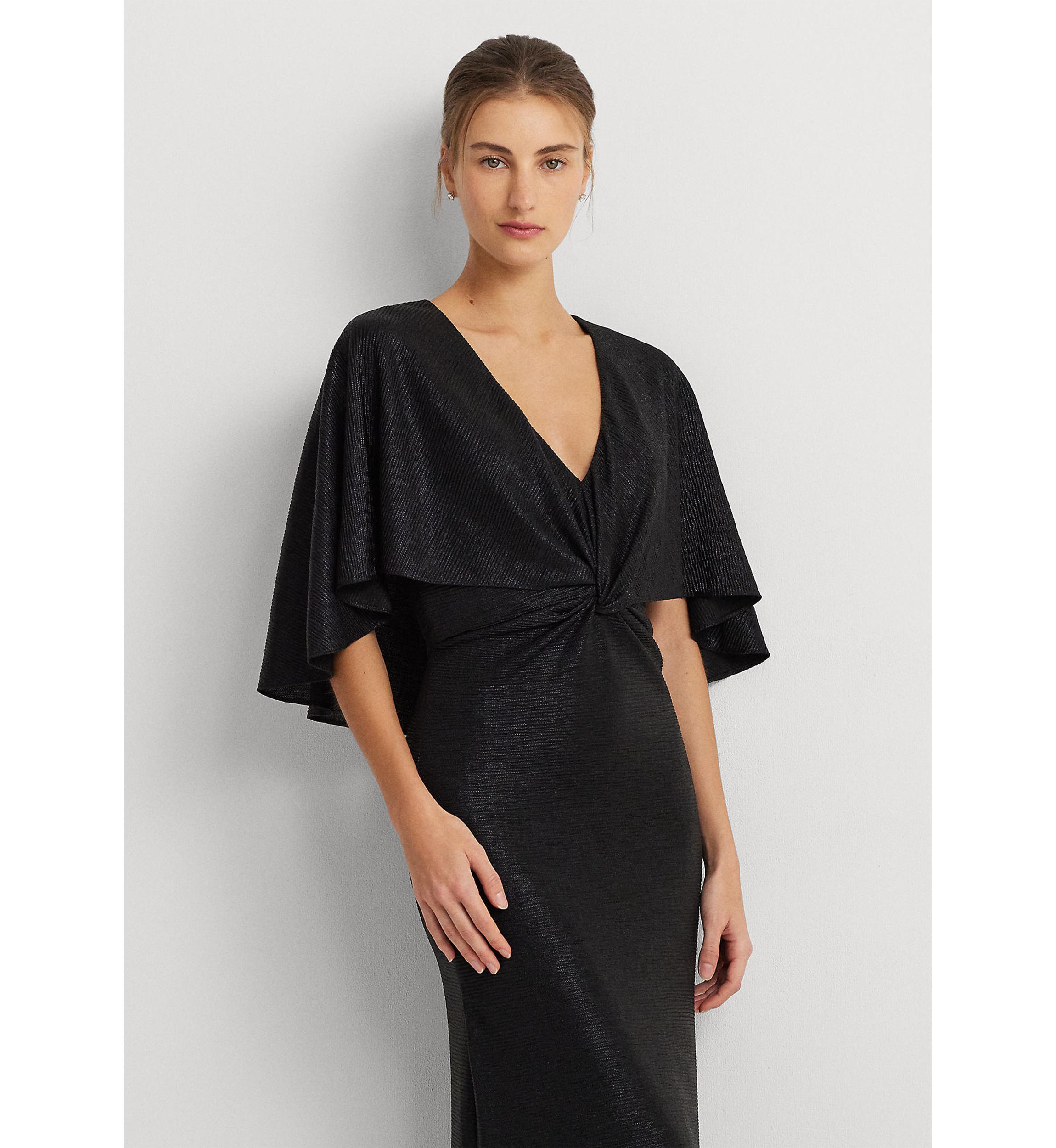 Womens Metallic Knit Twist-Front Cape Gown