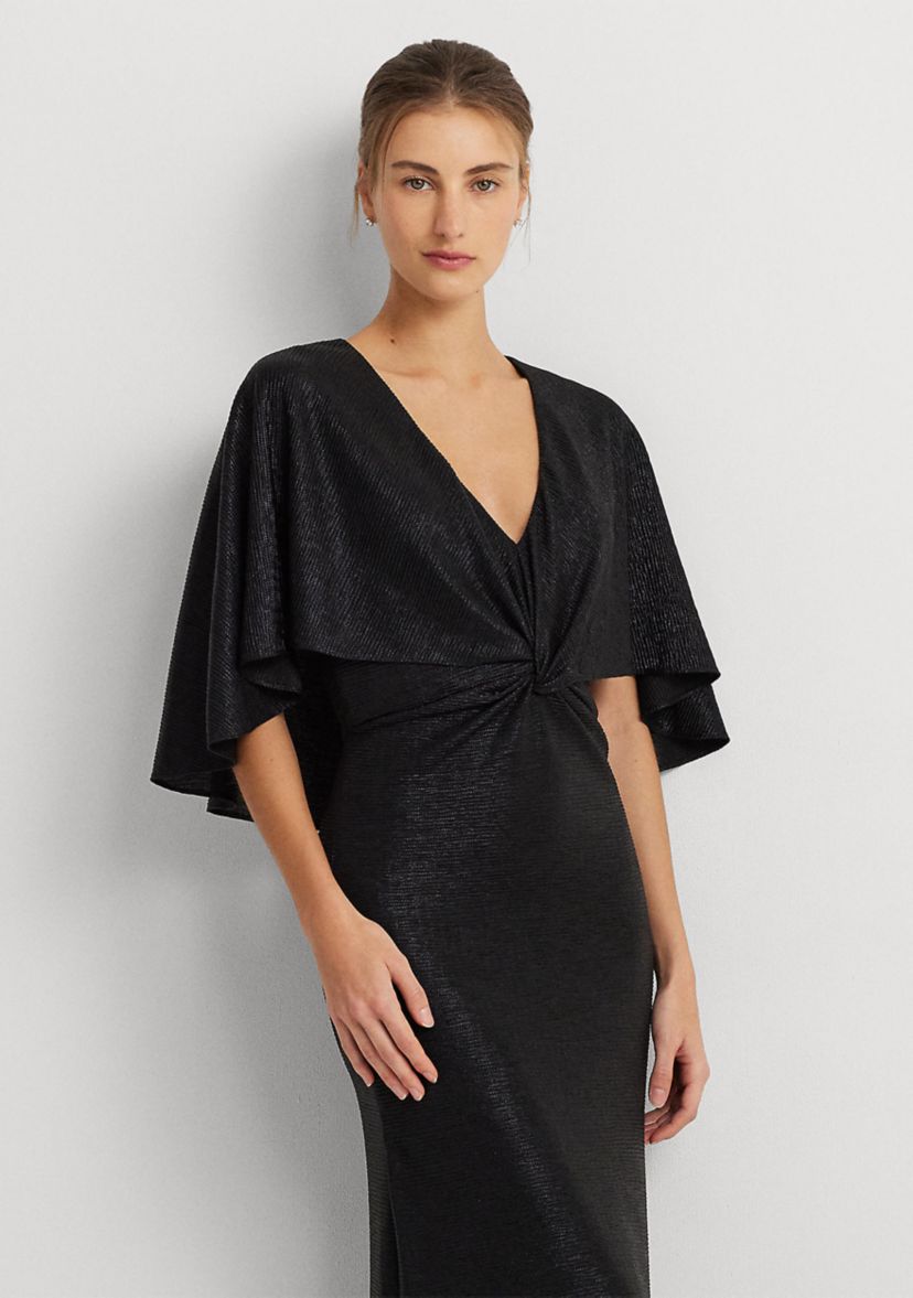 Womens Metallic Knit Twist-Front Cape Gown