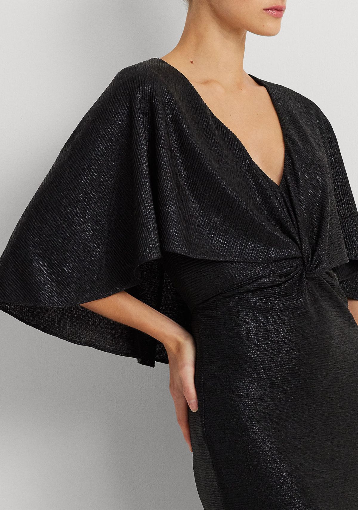 Womens Metallic Knit Twist-Front Cape Gown