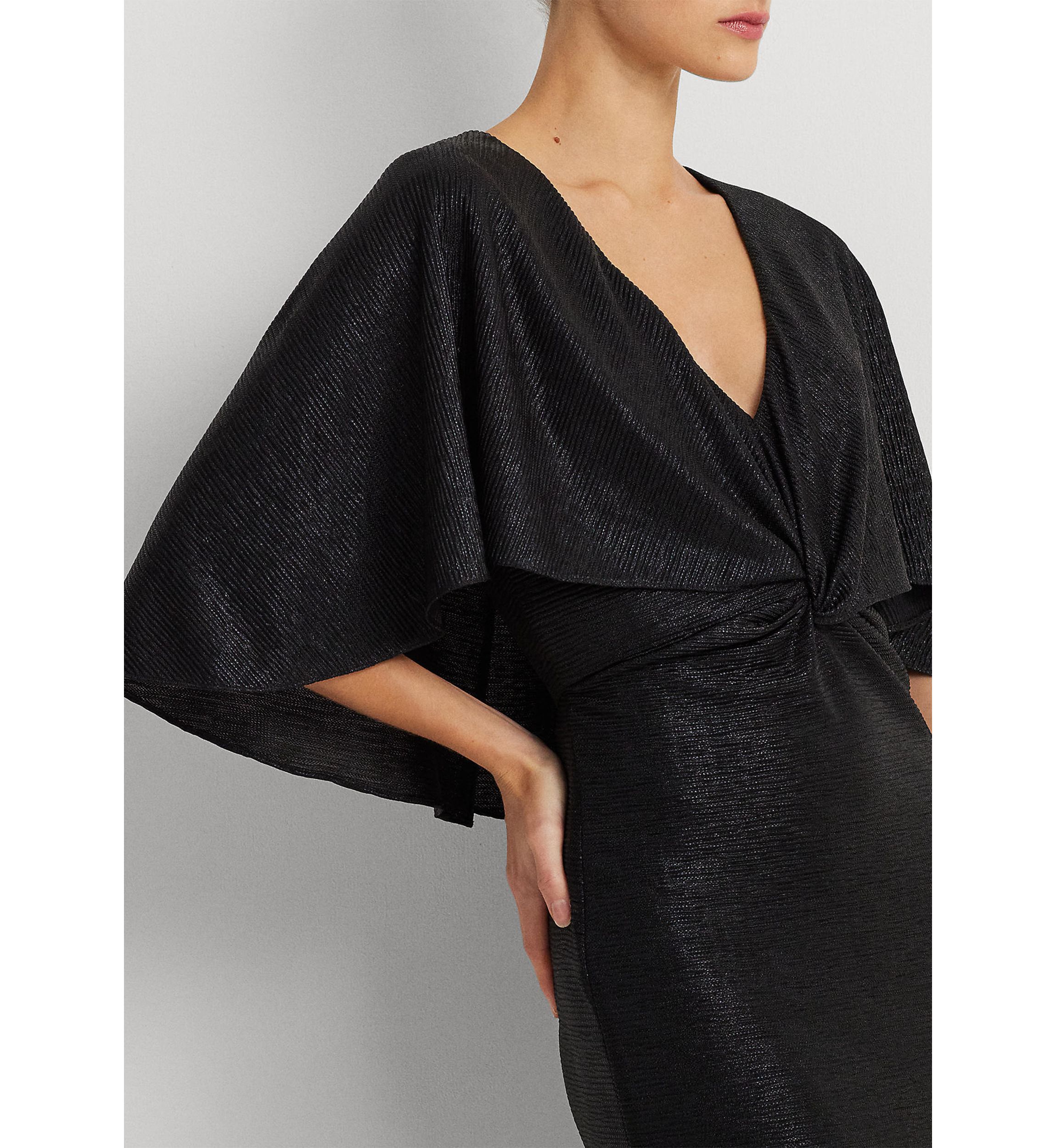 Womens Metallic Knit Twist-Front Cape Gown