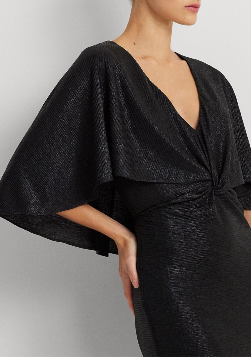 Womens Metallic Knit Twist-Front Cape Gown