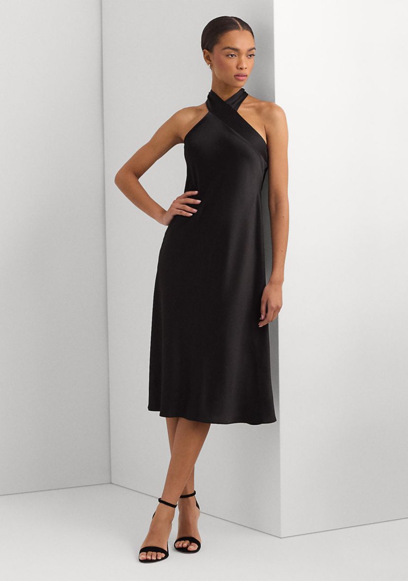 Womens Satin Charmeuse Halter Cocktail Dress