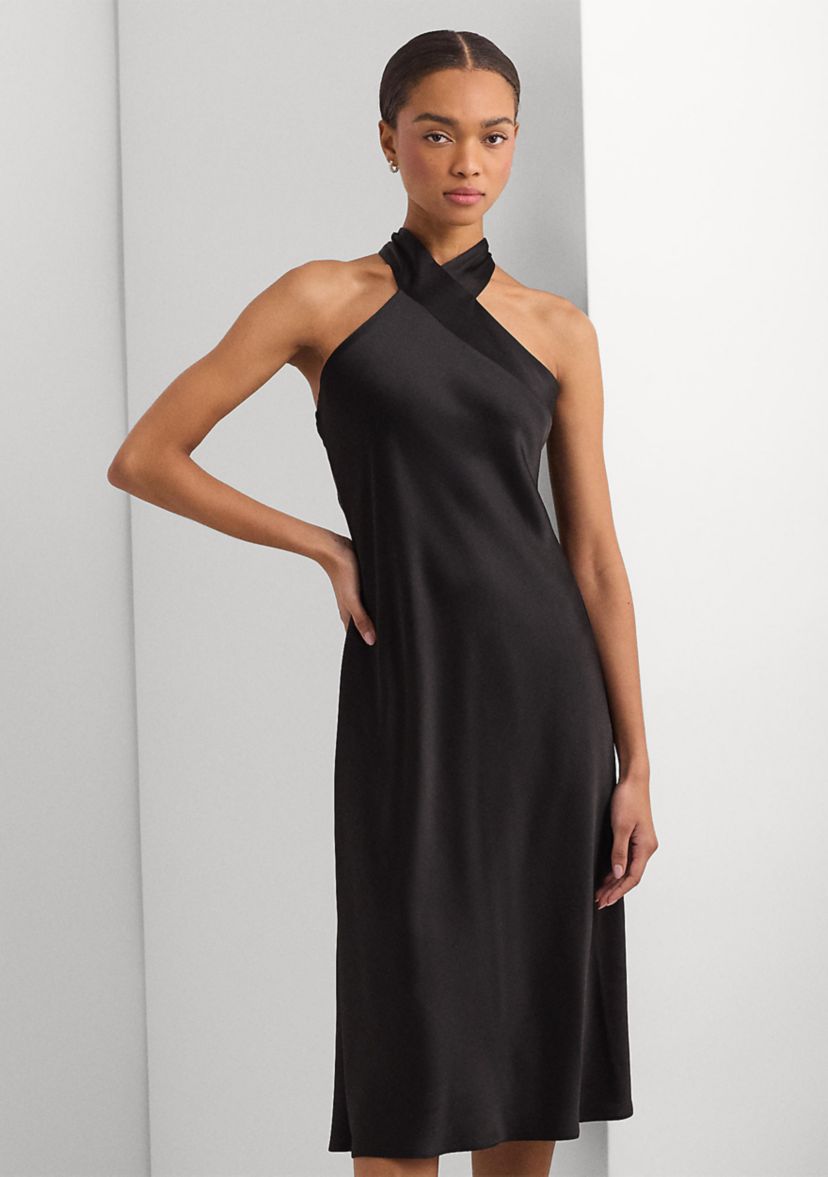 Womens Satin Charmeuse Halter Cocktail Dress