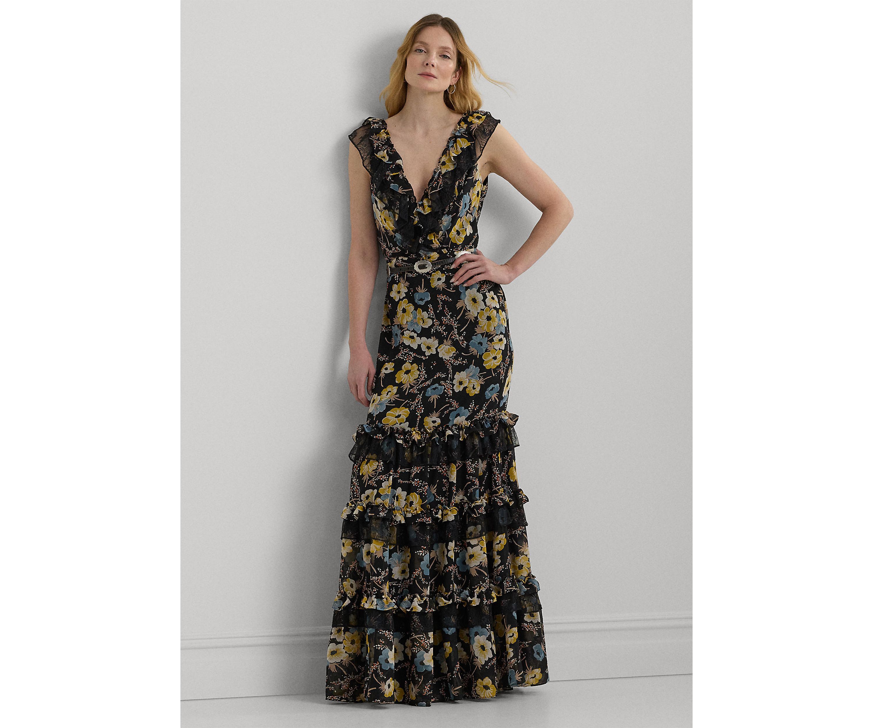 Womens Floral Ruffle-Trim Georgette Gown