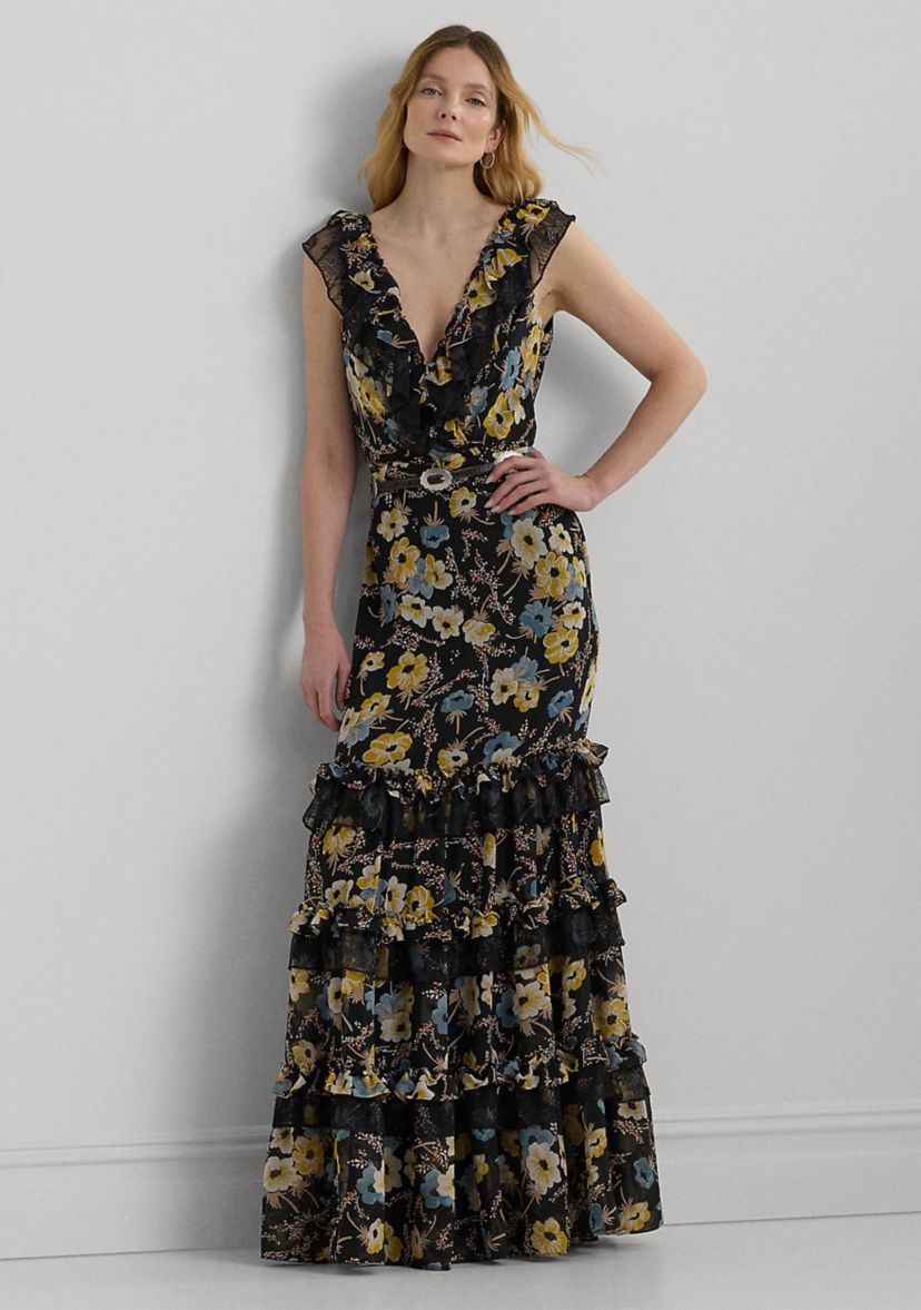 Womens Floral Ruffle-Trim Georgette Gown