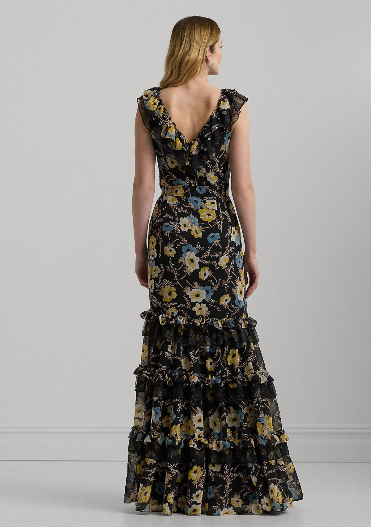 Womens Floral Ruffle-Trim Georgette Gown
