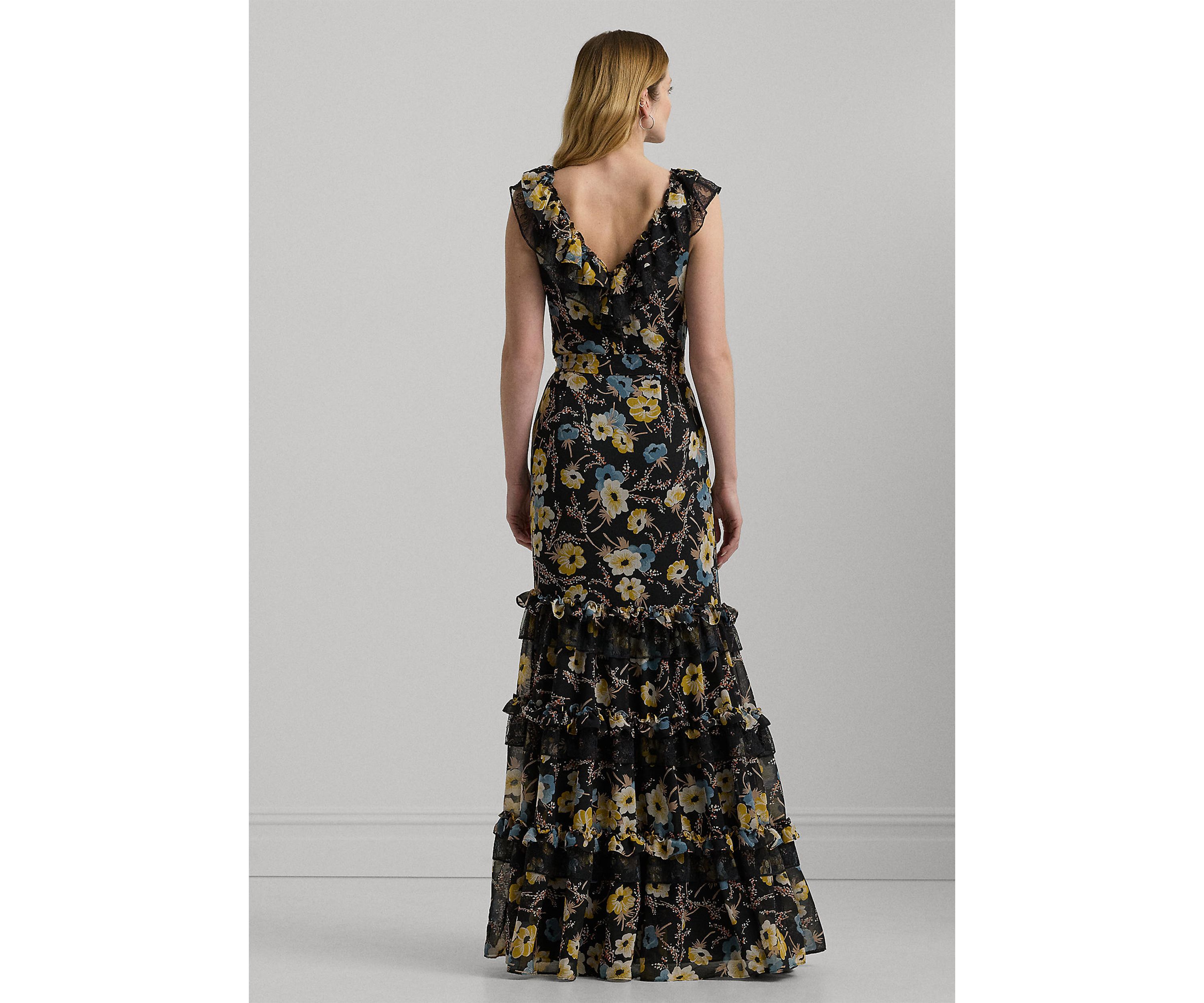 Womens Floral Ruffle-Trim Georgette Gown