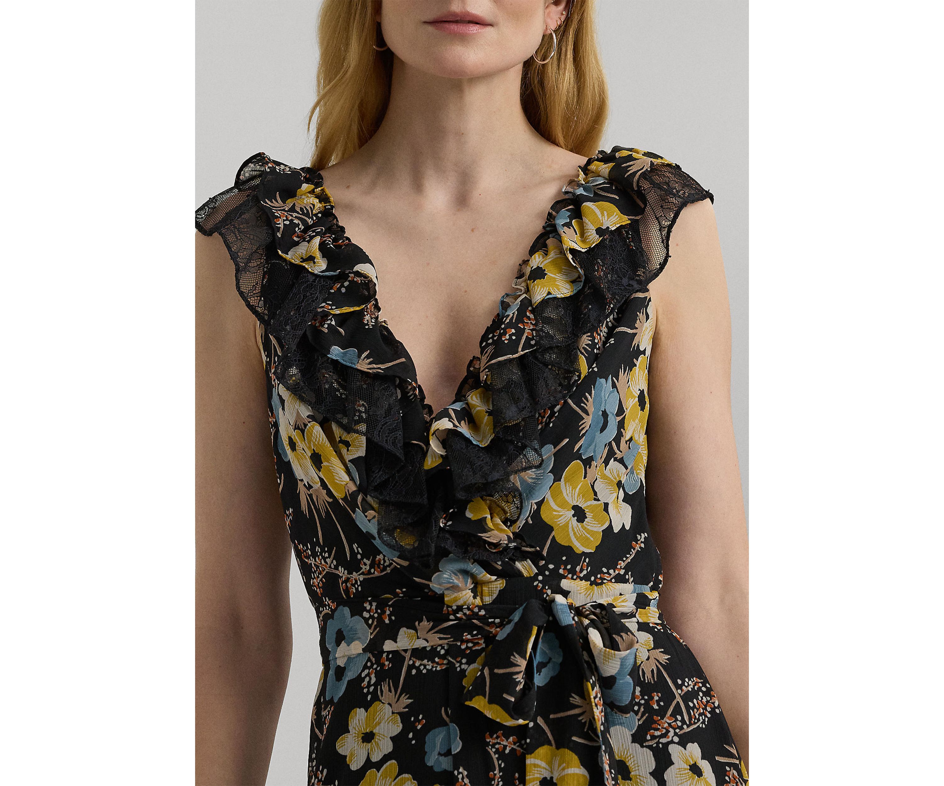 Womens Floral Ruffle-Trim Georgette Gown
