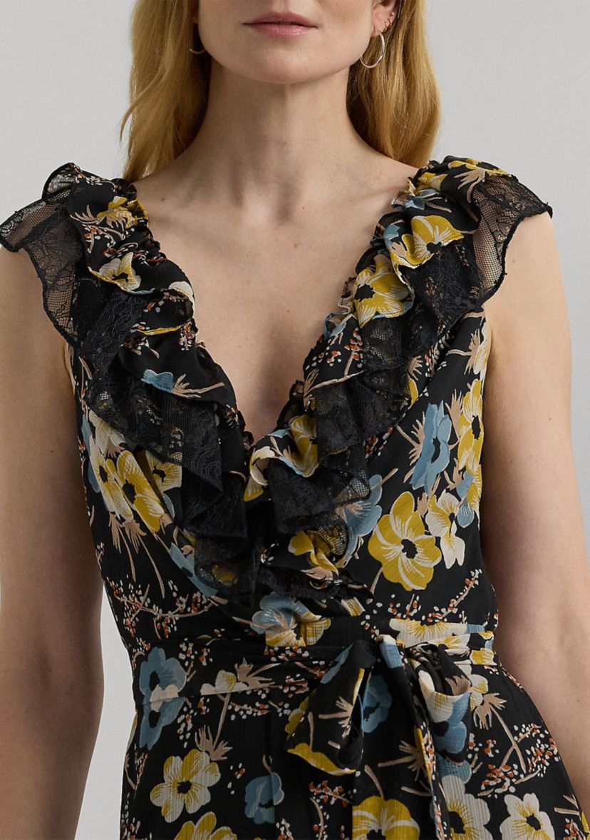 Womens Floral Ruffle-Trim Georgette Gown