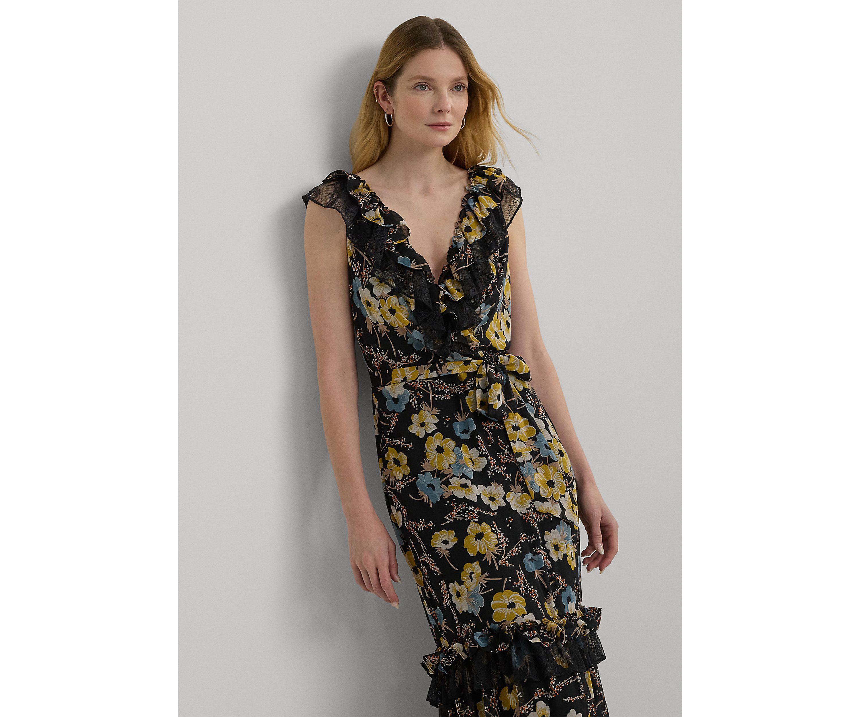 Womens Floral Ruffle-Trim Georgette Gown