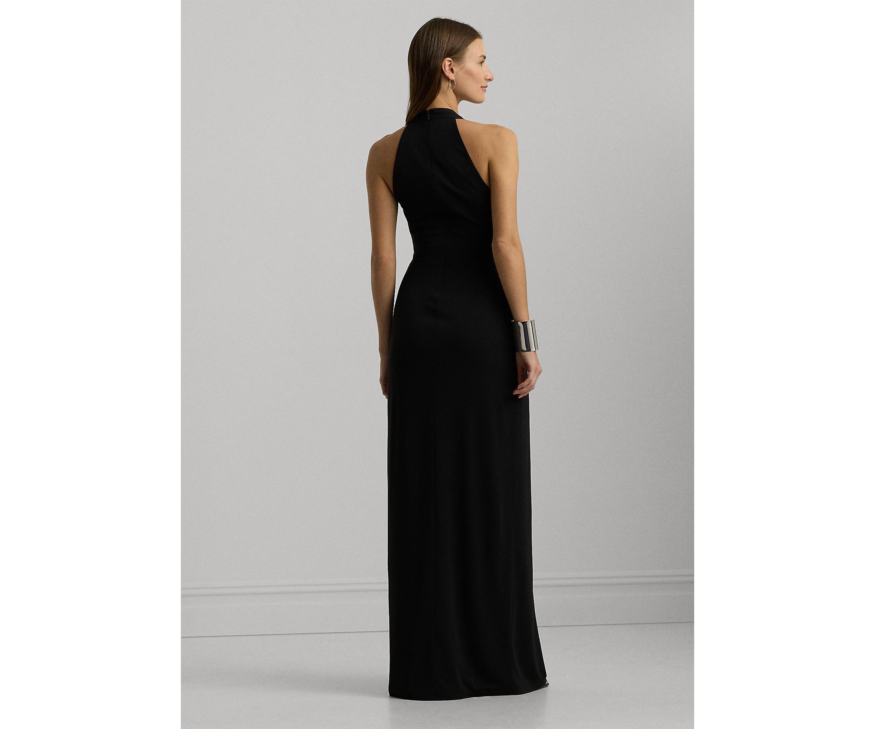 Womens Buckle-Trim Stretch Jersey Halter Gown