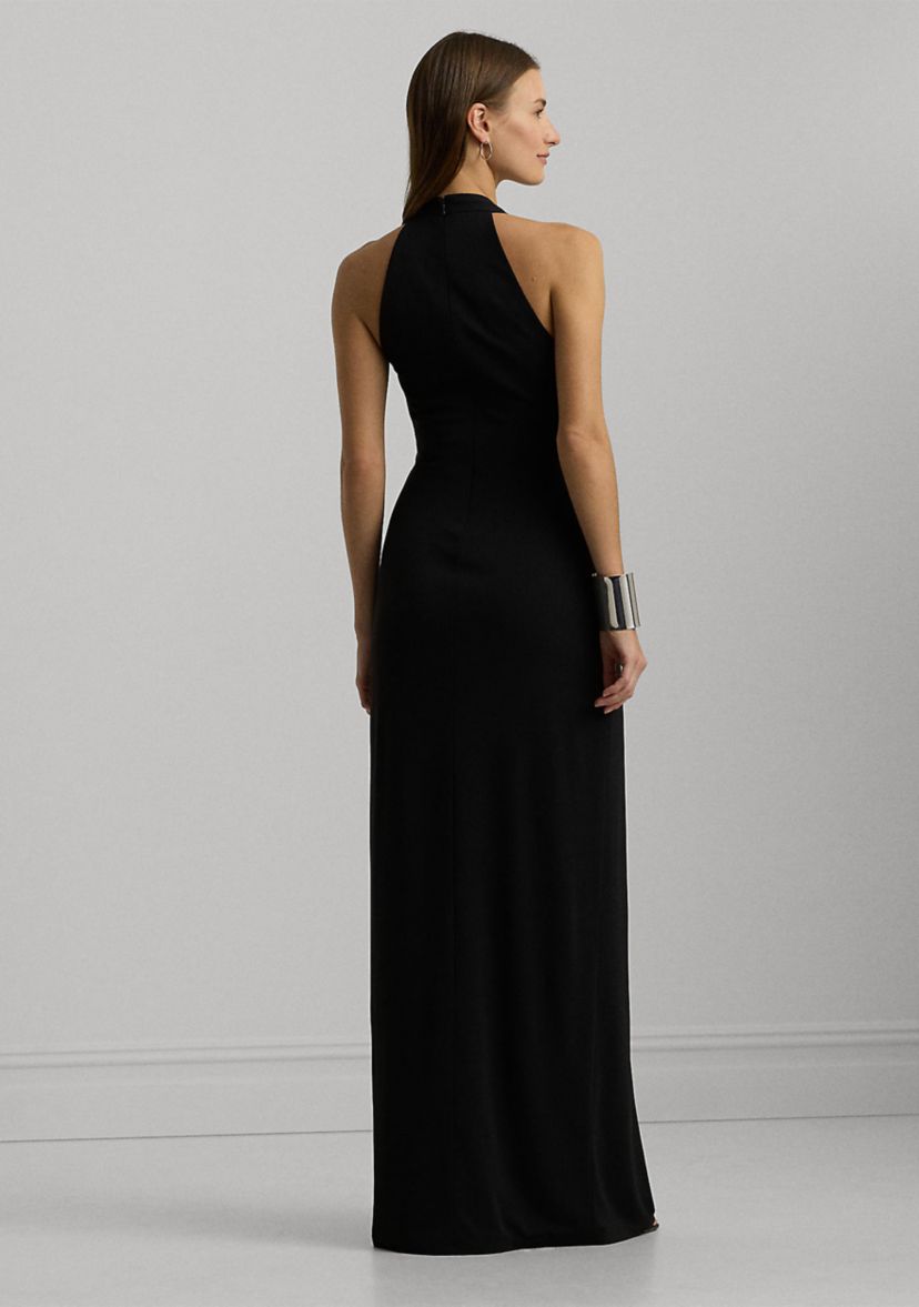 Womens Buckle-Trim Stretch Jersey Halter Gown