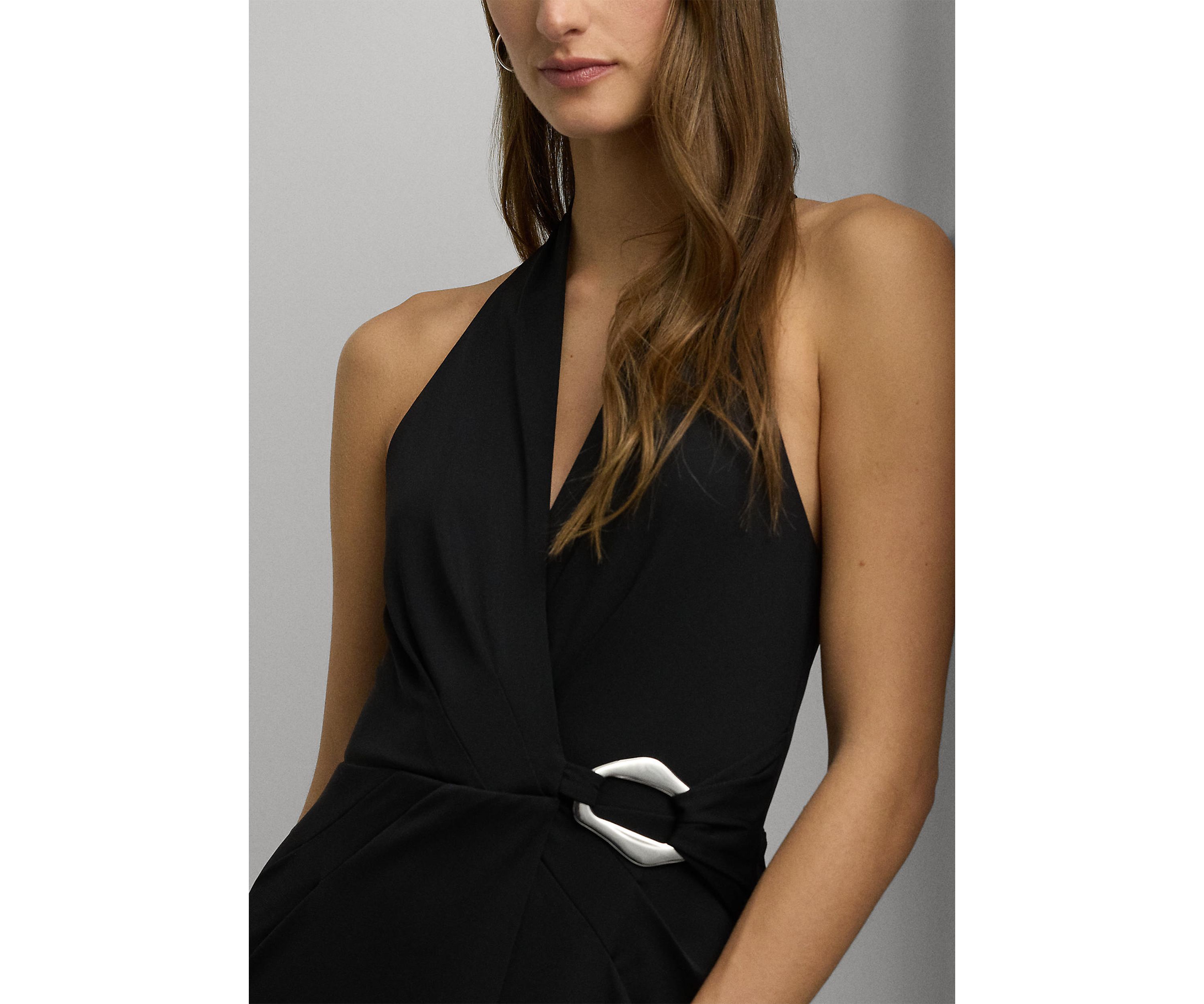 Womens Buckle-Trim Stretch Jersey Halter Gown