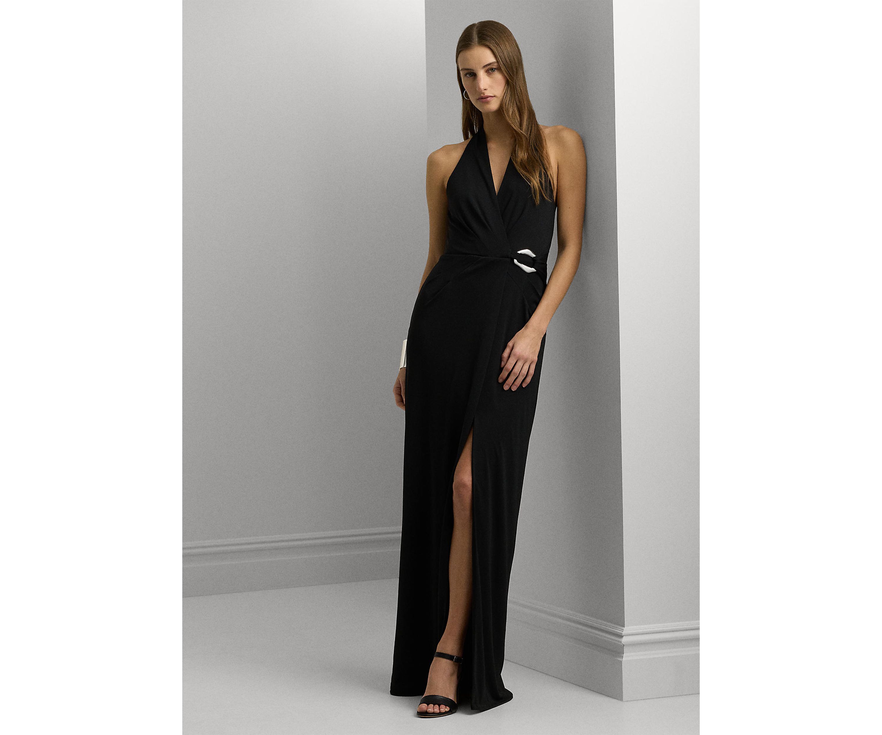 Womens Buckle-Trim Stretch Jersey Halter Gown