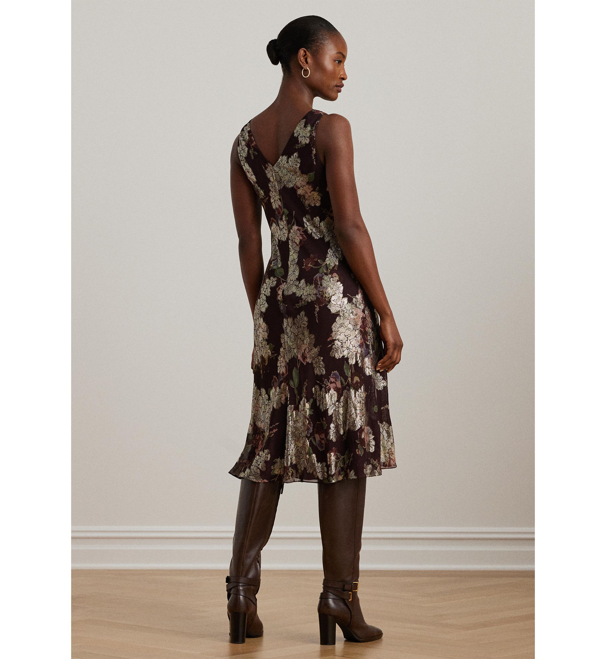 Womens Floral Metallic Jacquard V-Neck Sleeveless Dress