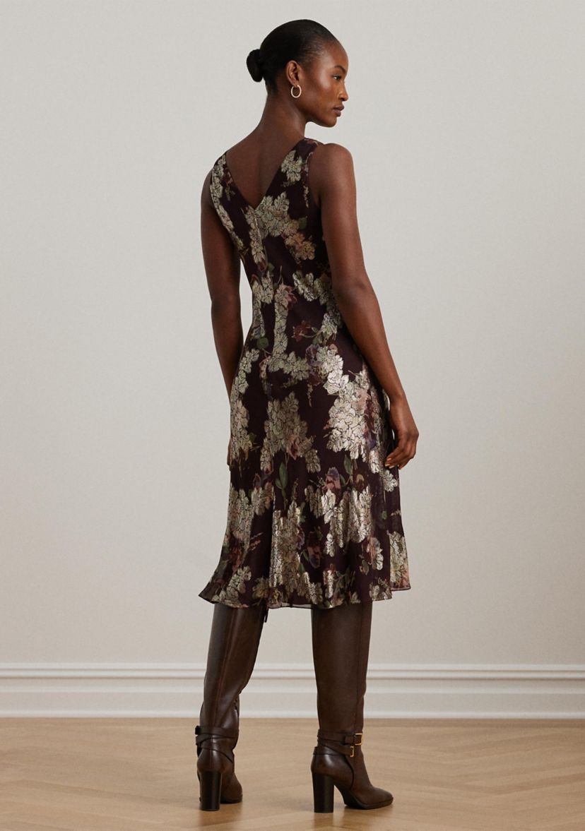 Womens Floral Metallic Jacquard V-Neck Sleeveless Dress
