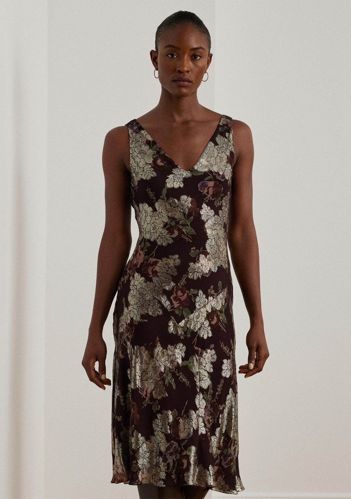 Womens Floral Metallic Jacquard V-Neck Sleeveless Dress