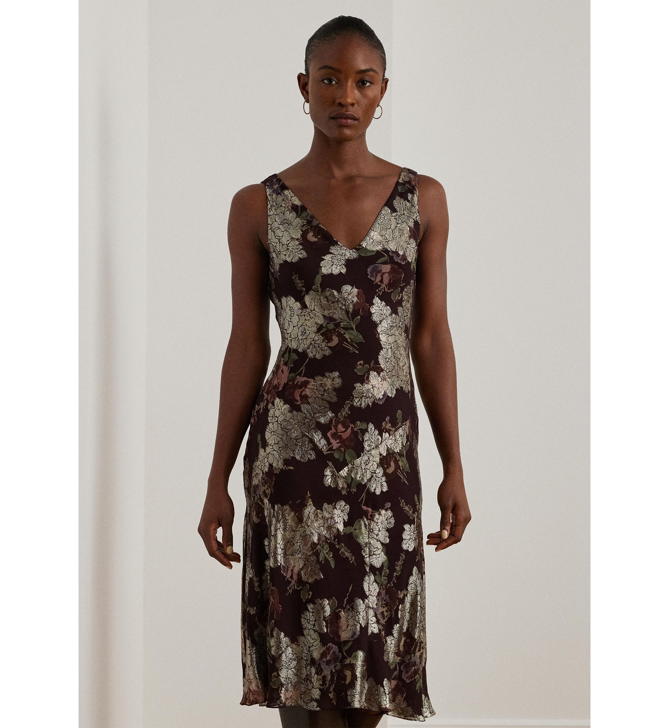 Womens Floral Metallic Jacquard V-Neck Sleeveless Dress
