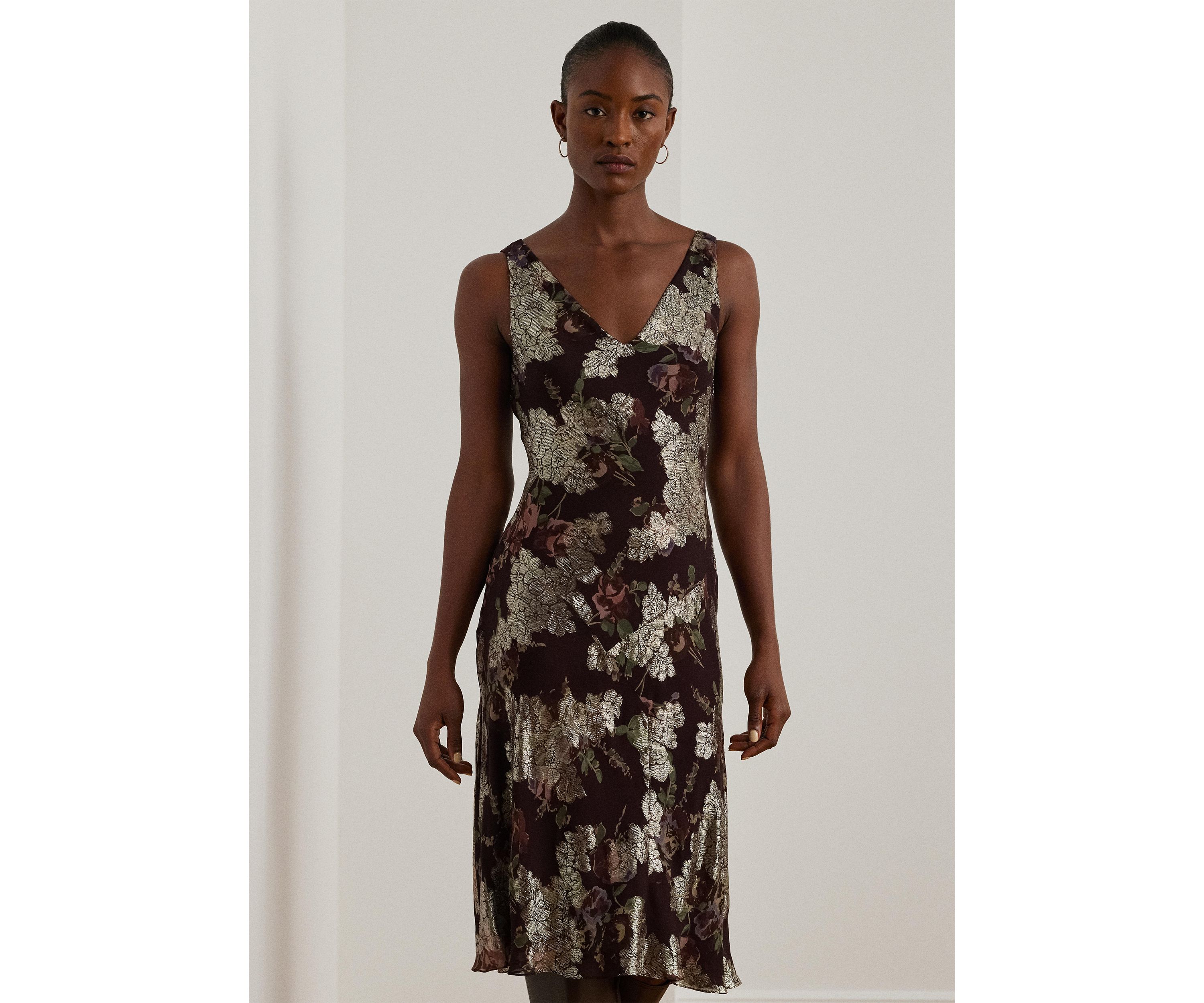 Womens Floral Metallic Jacquard V-Neck Sleeveless Dress