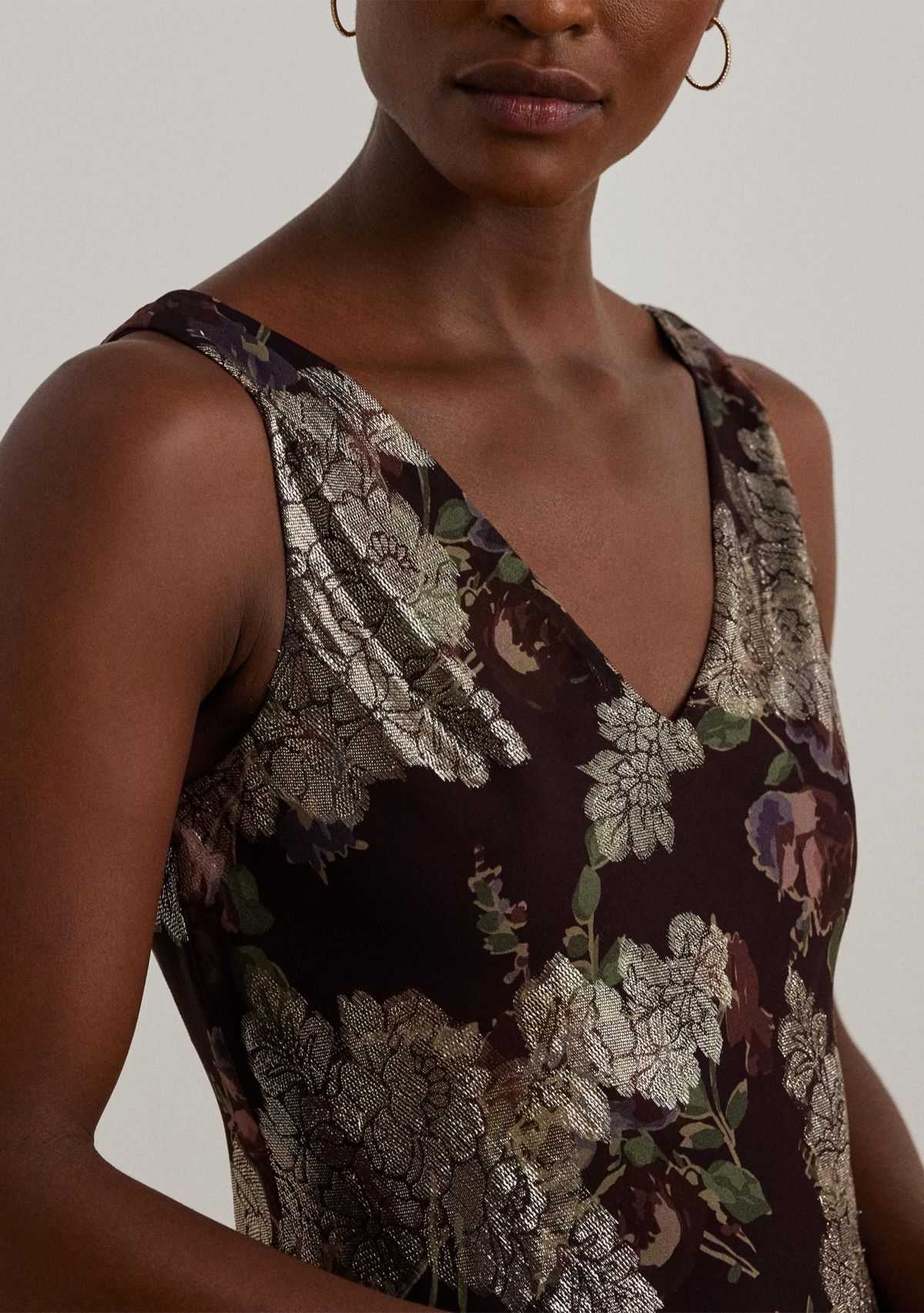 Womens Floral Metallic Jacquard V-Neck Sleeveless Dress