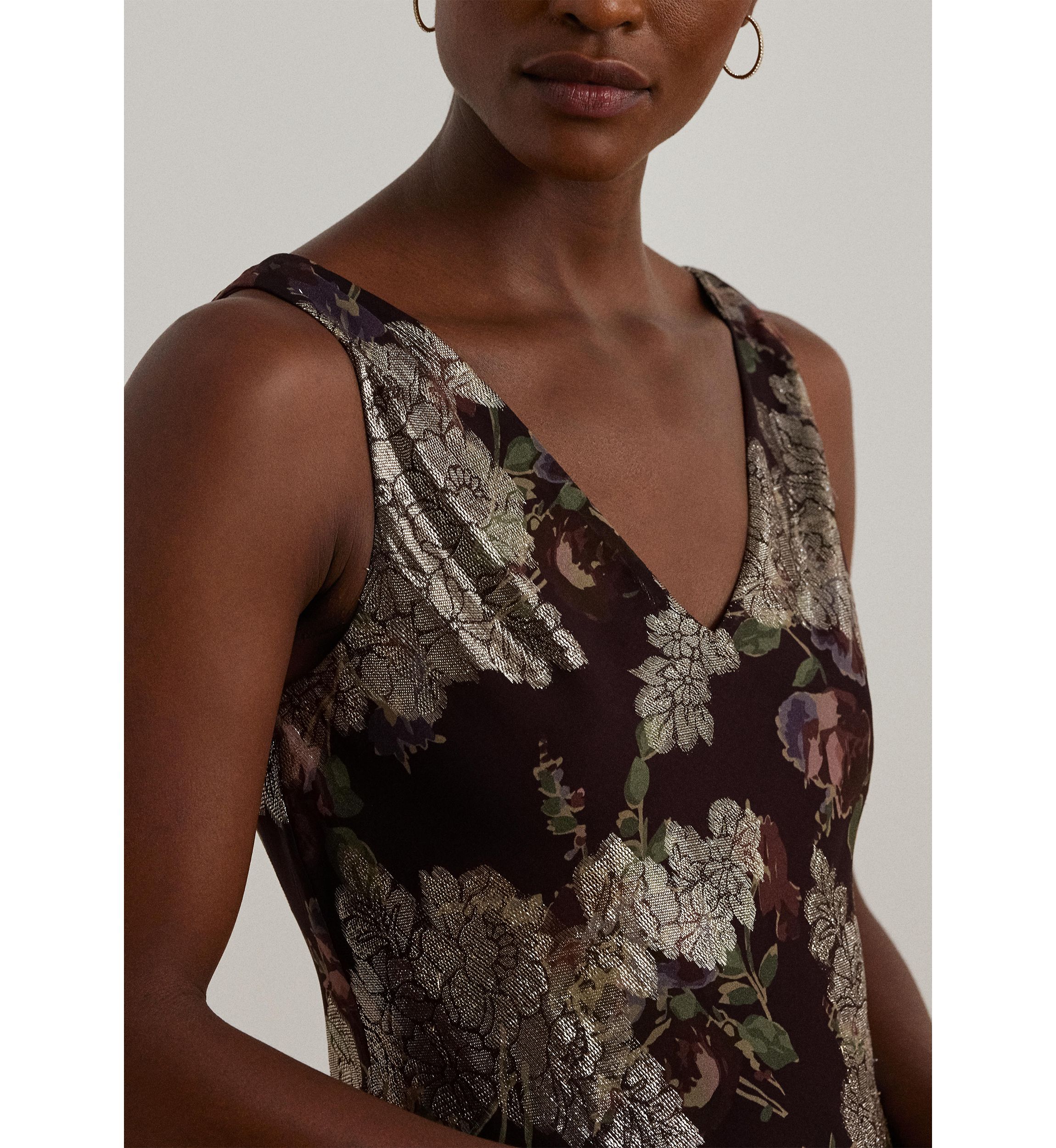 Womens Floral Metallic Jacquard V-Neck Sleeveless Dress