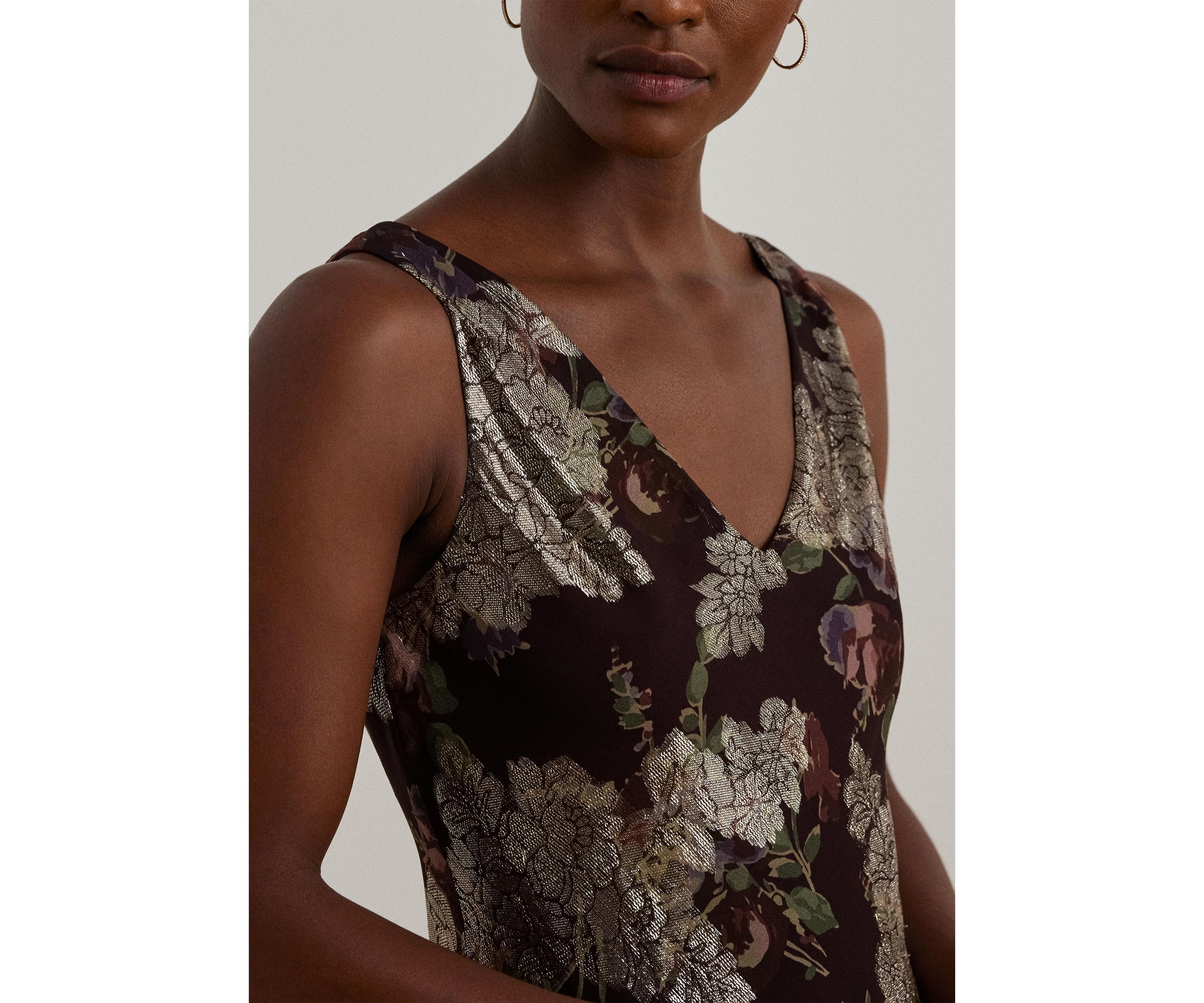 Womens Floral Metallic Jacquard V-Neck Sleeveless Dress