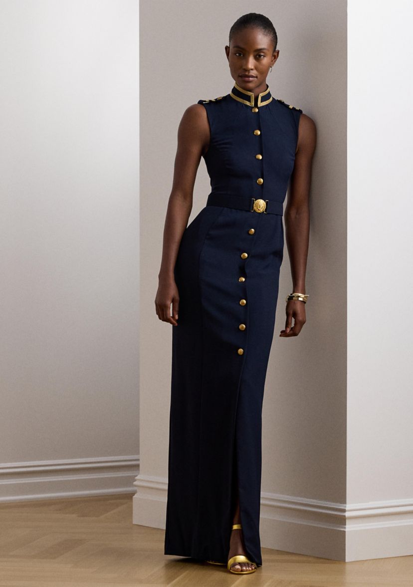 Womens Metallic-Trim Belted Georgette Gown