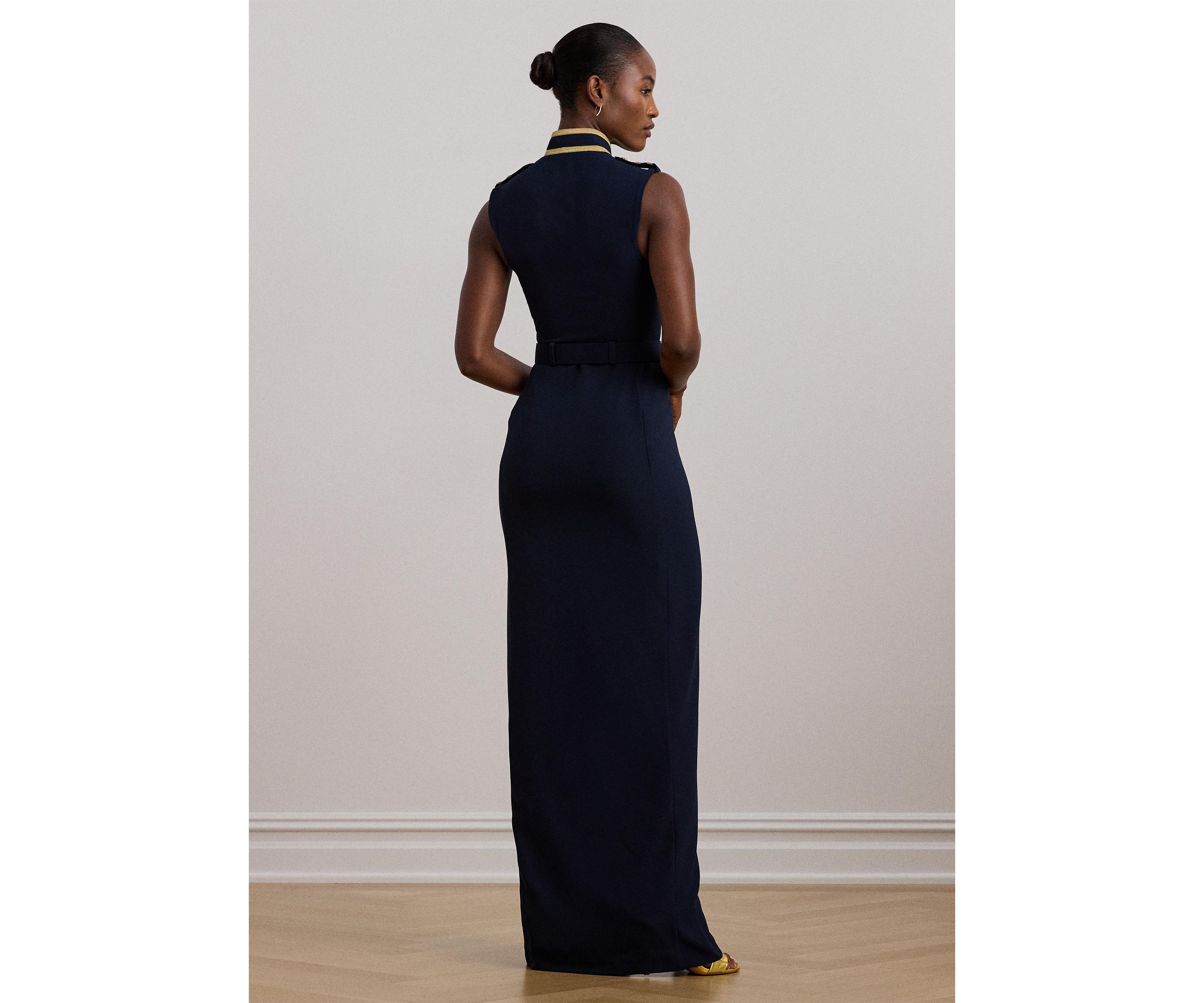 Womens Metallic-Trim Belted Georgette Gown