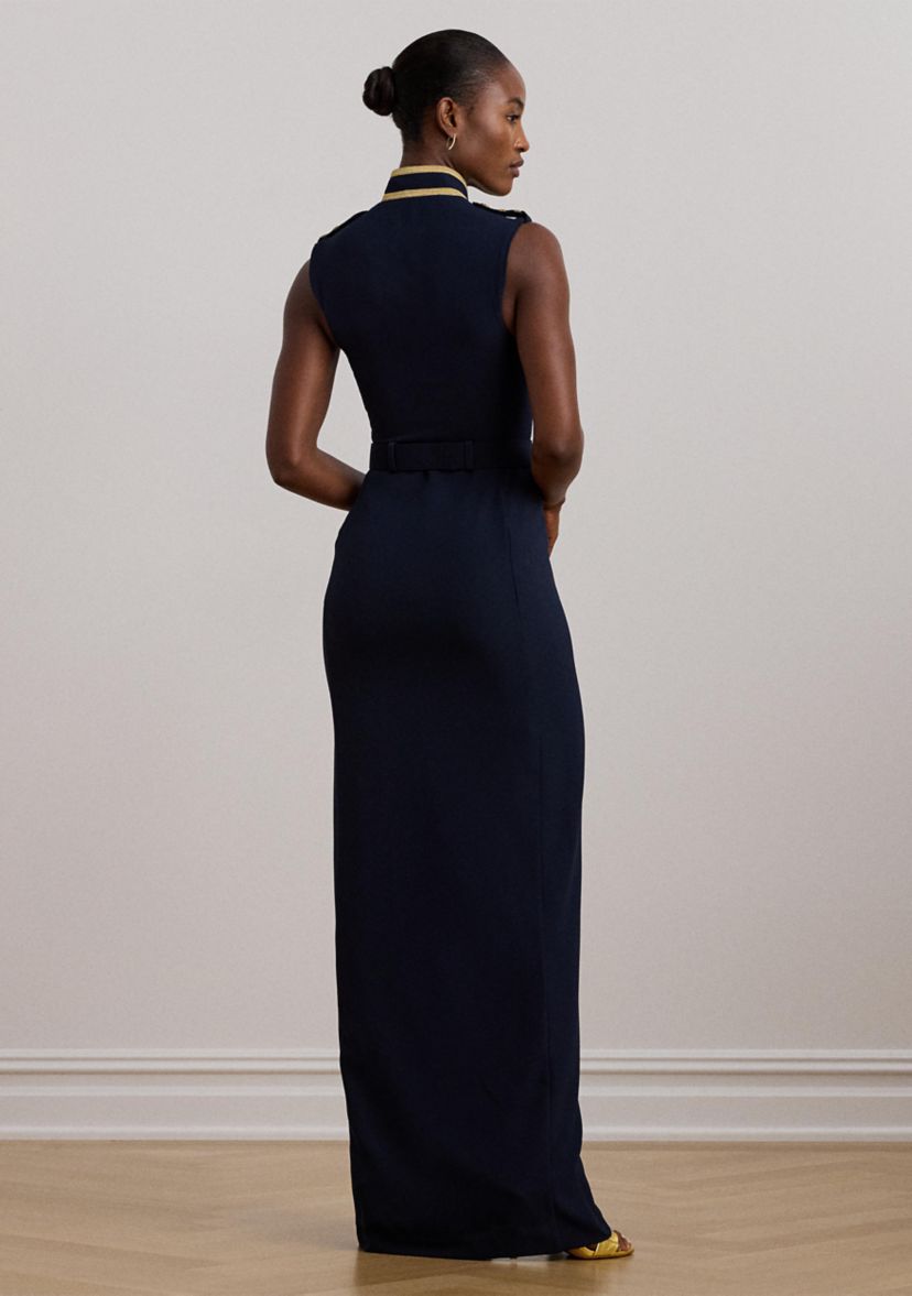 Womens Metallic-Trim Belted Georgette Gown
