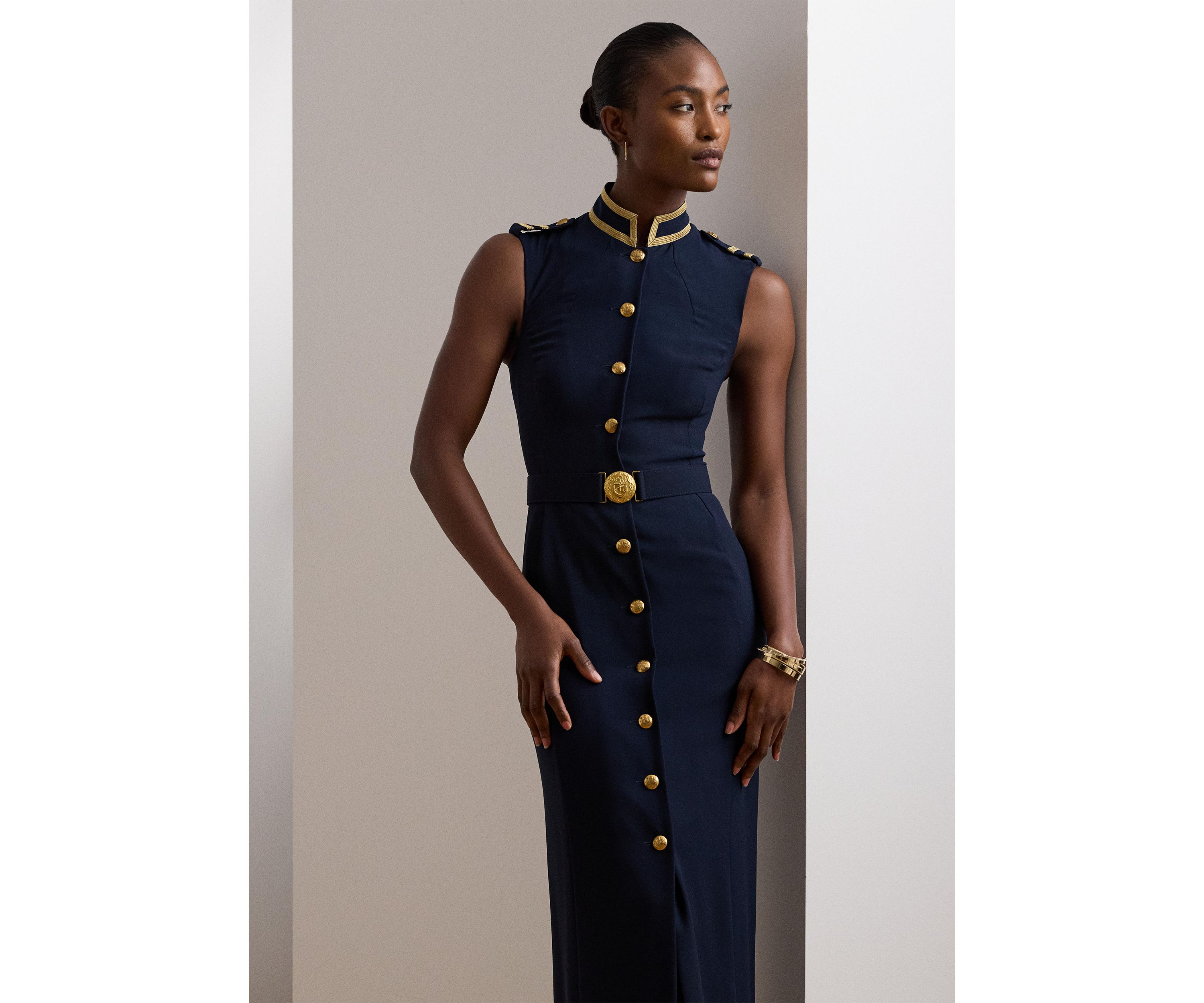 Womens Metallic-Trim Belted Georgette Gown