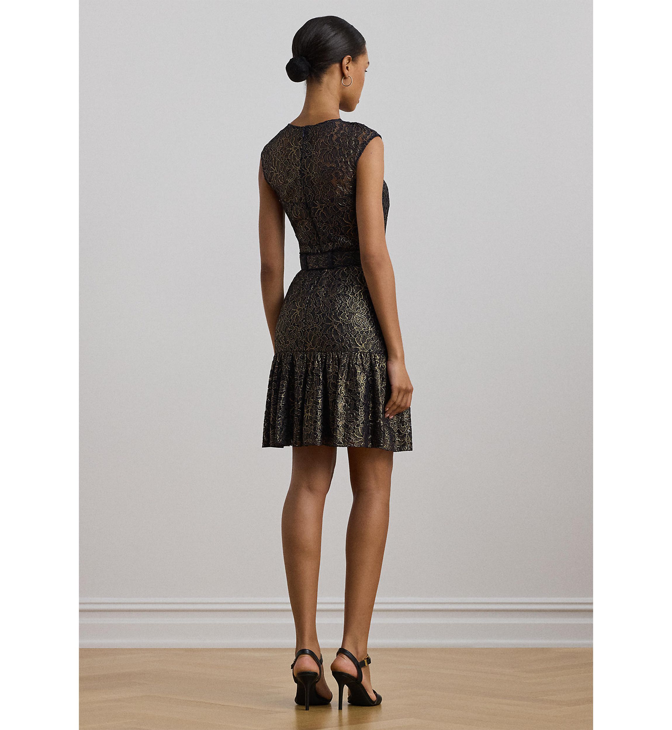 Womens Belted Metallic Lace Cocktail Dress