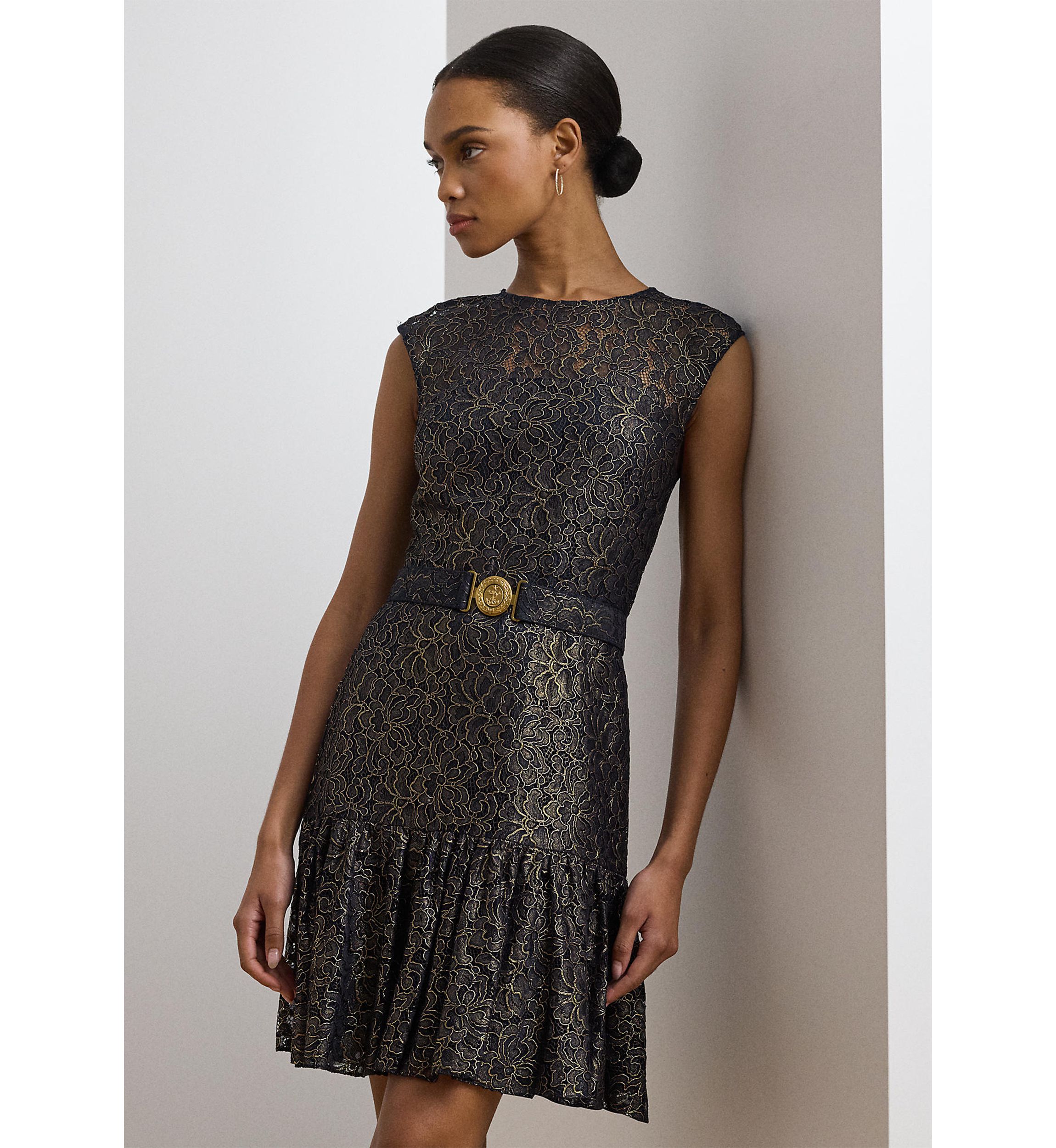Womens Belted Metallic Lace Cocktail Dress