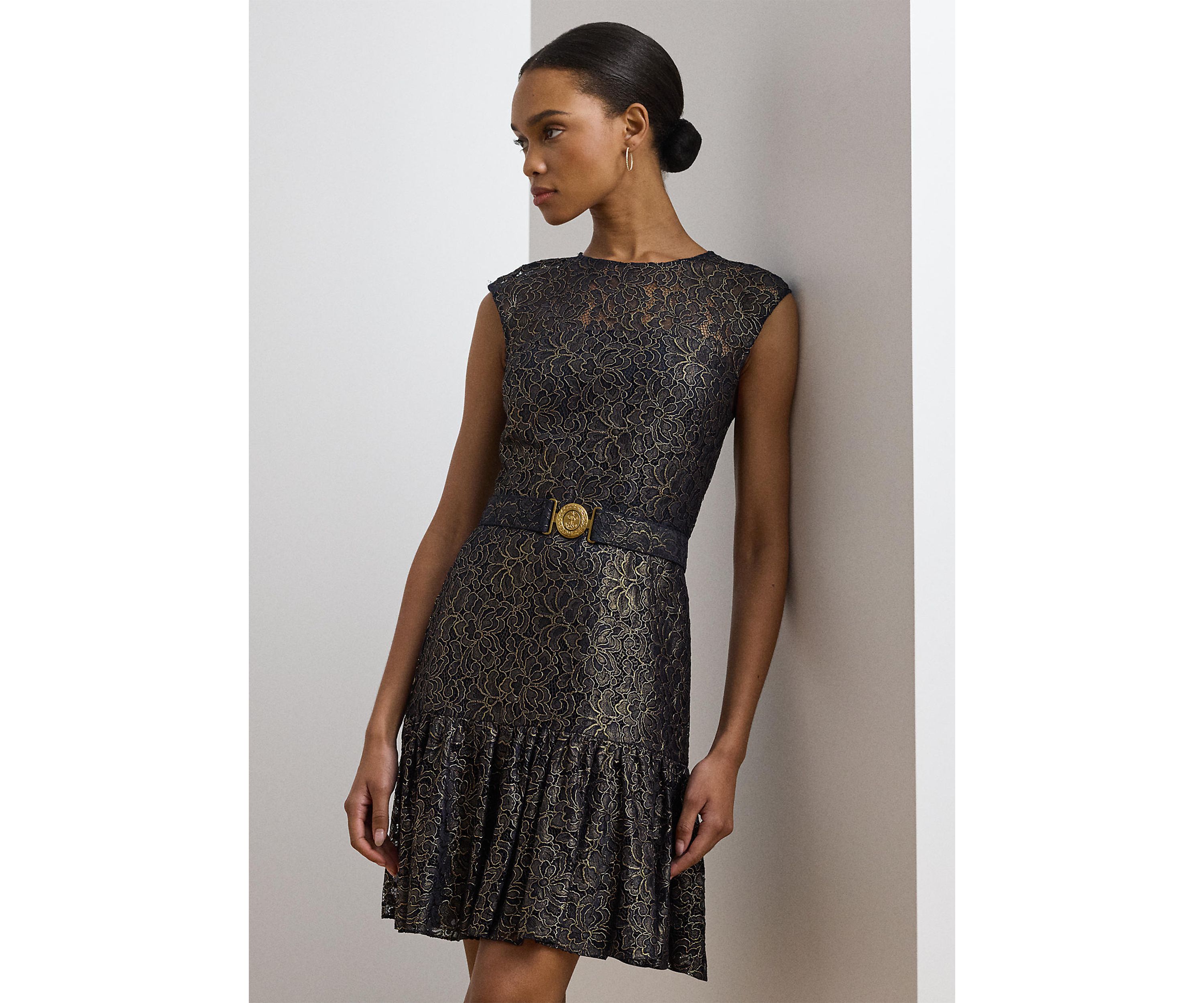 Womens Belted Metallic Lace Cocktail Dress