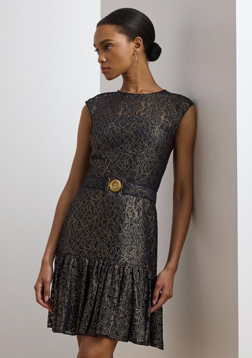Womens Belted Metallic Lace Cocktail Dress