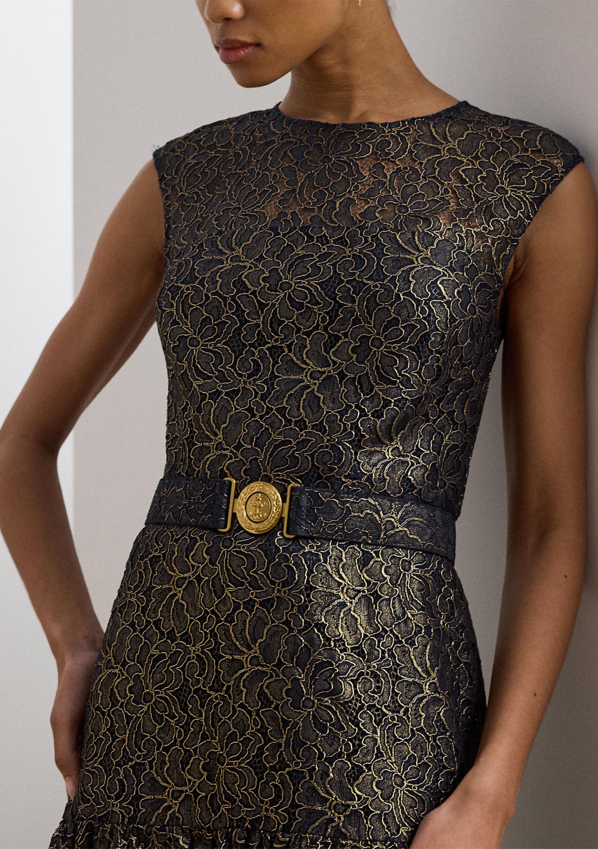Womens Belted Metallic Lace Cocktail Dress