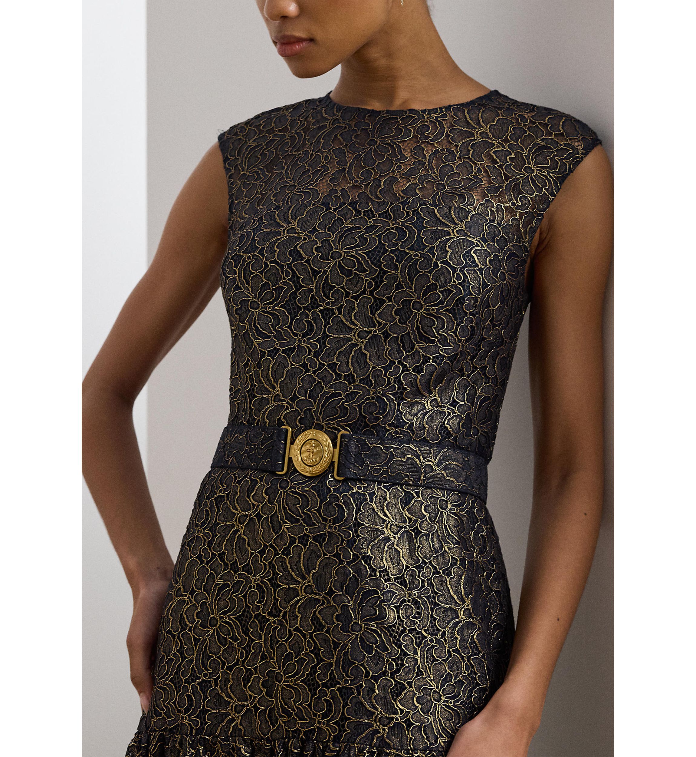 Womens Belted Metallic Lace Cocktail Dress