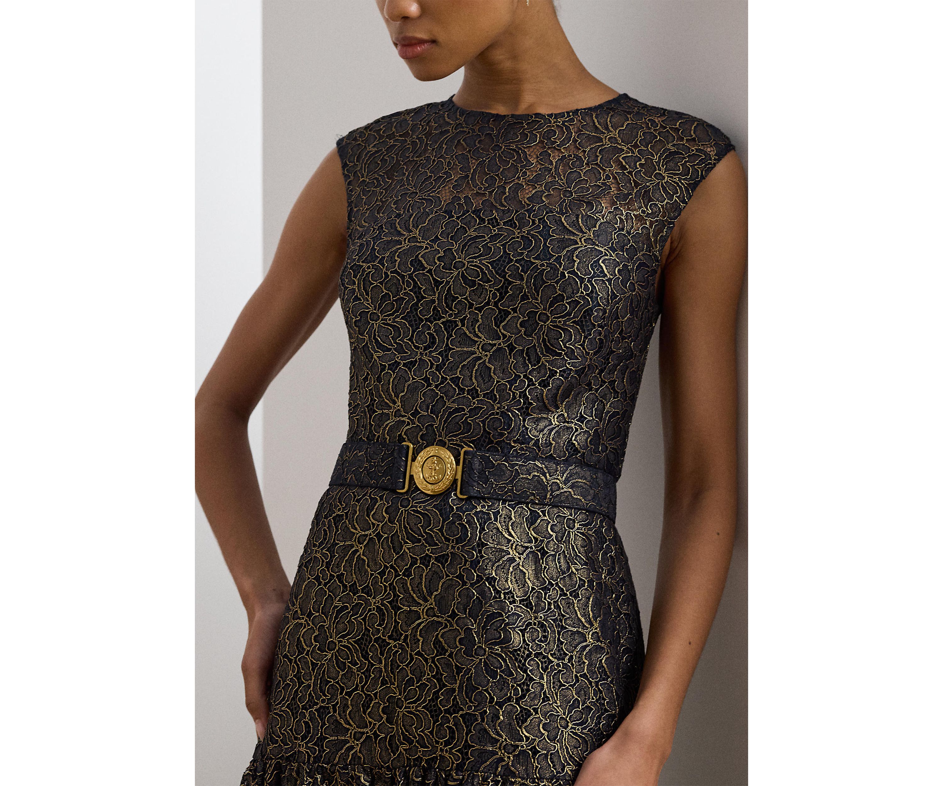 Womens Belted Metallic Lace Cocktail Dress